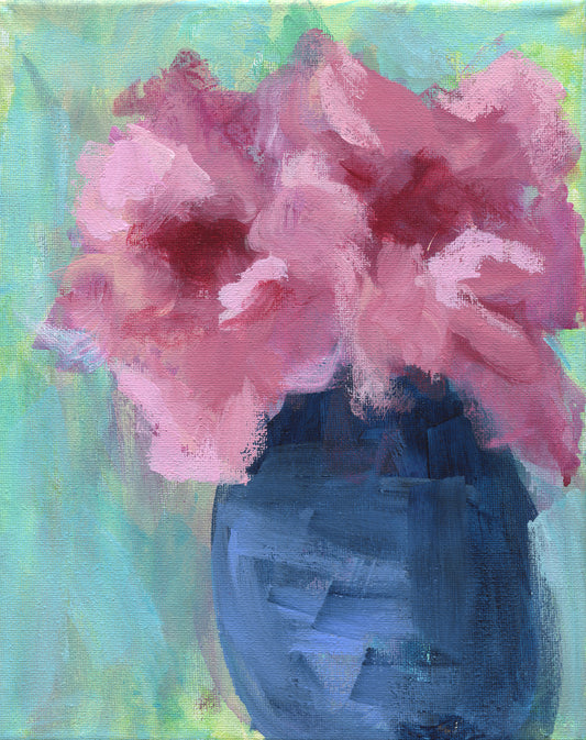 Painting of pink flowers in a blue vase on a colorful background