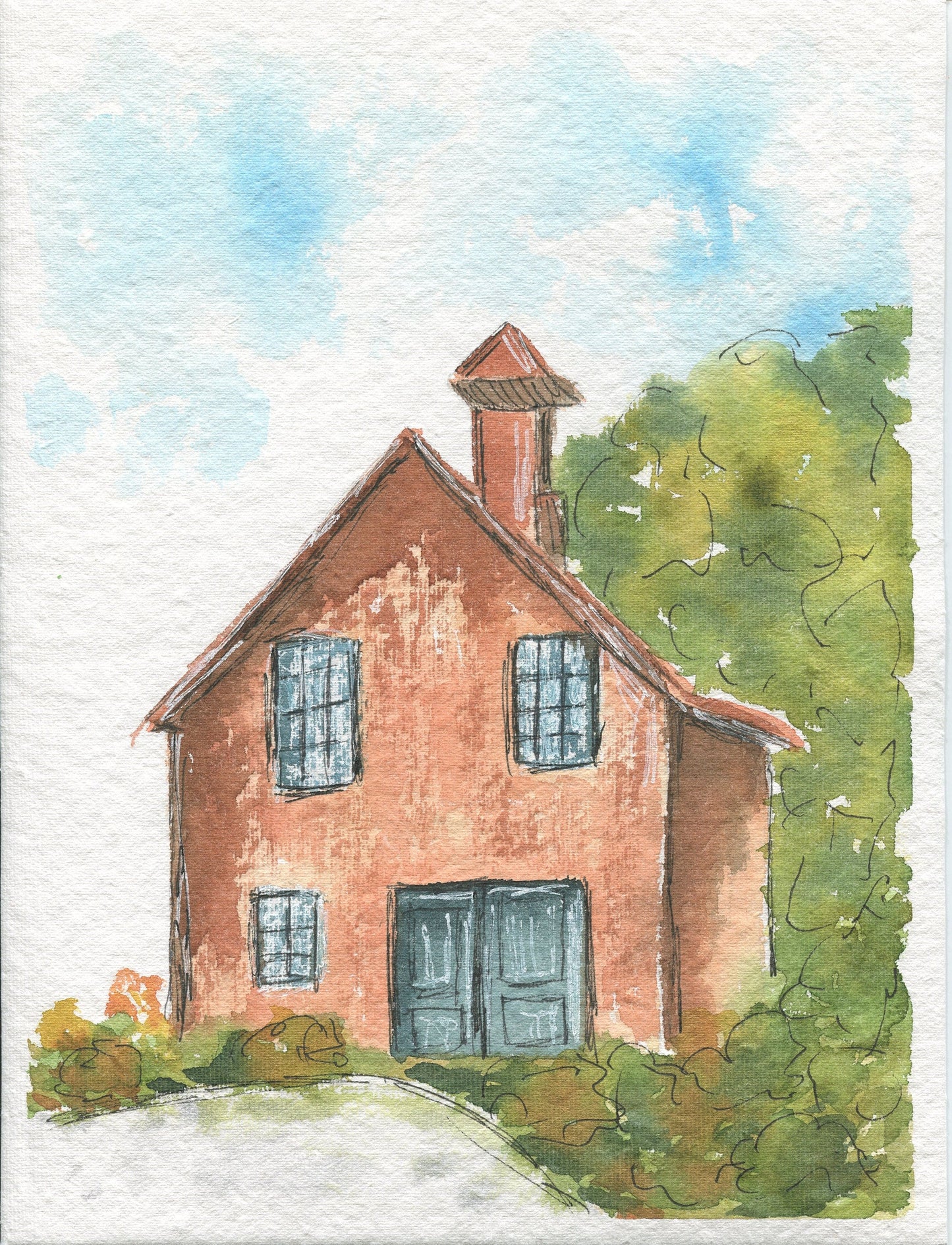A hand-painted watercolor painting on paper featuring a rustic country house with a blue door, green windows, and a red brick exterior. The artwork is unframed and bears the artist's signature in the lower right corner.