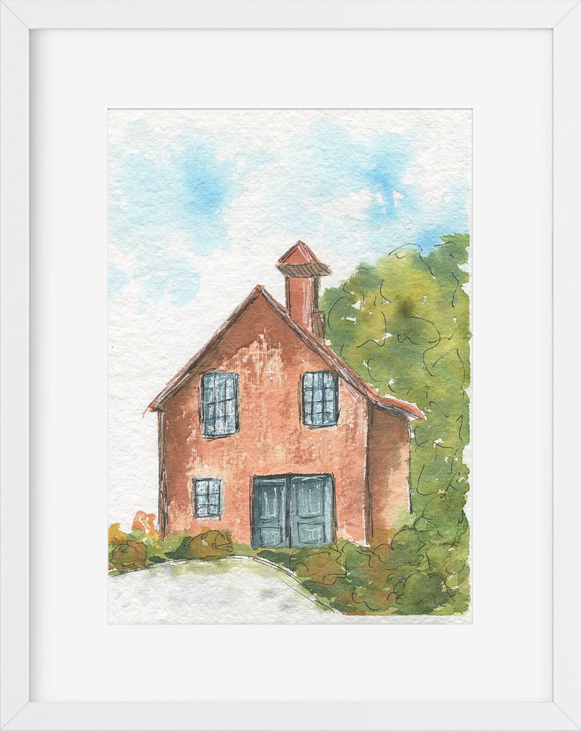 Rustic country house landscape watercolor painting