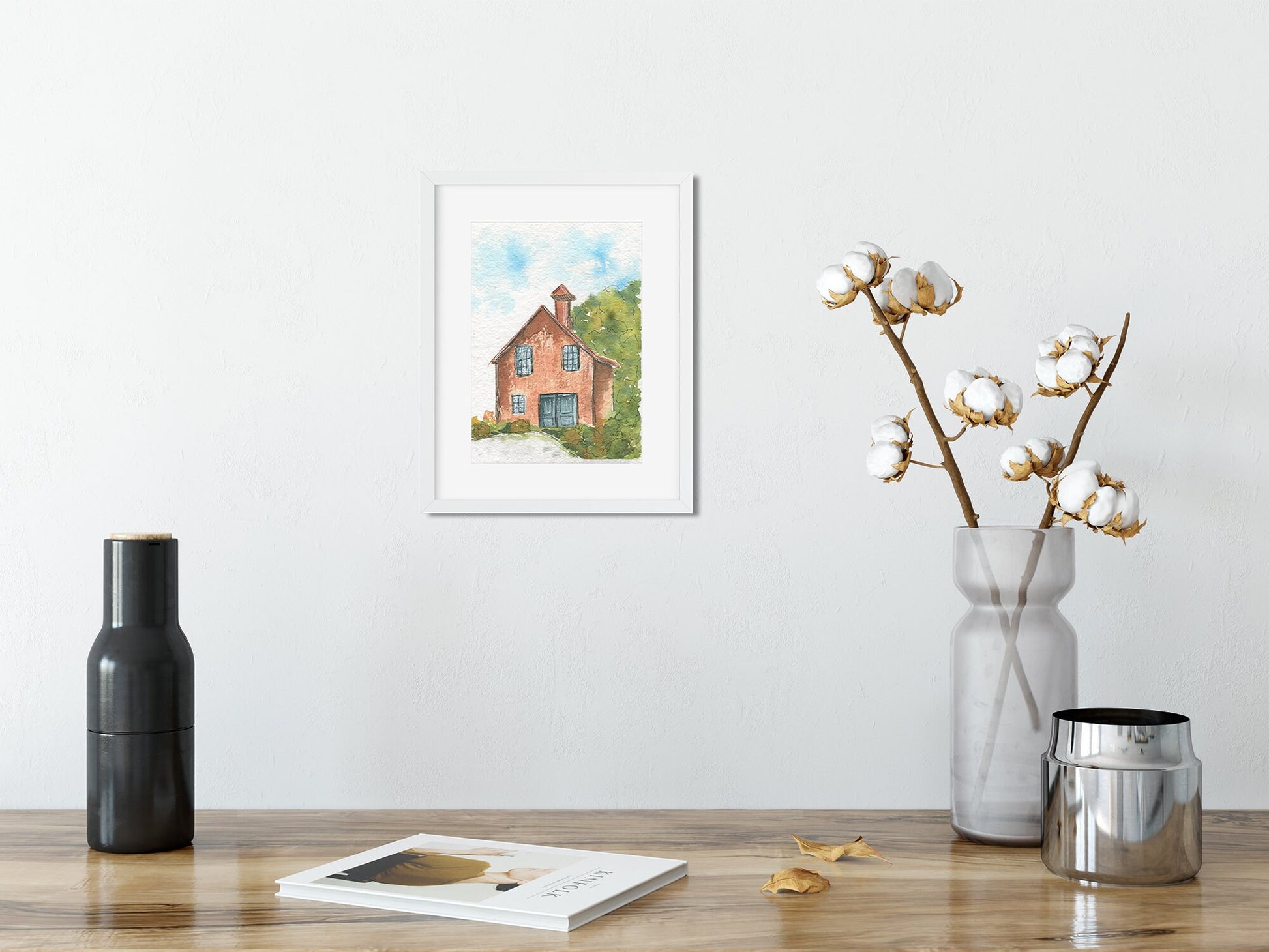 Rustic country house landscape watercolor painting