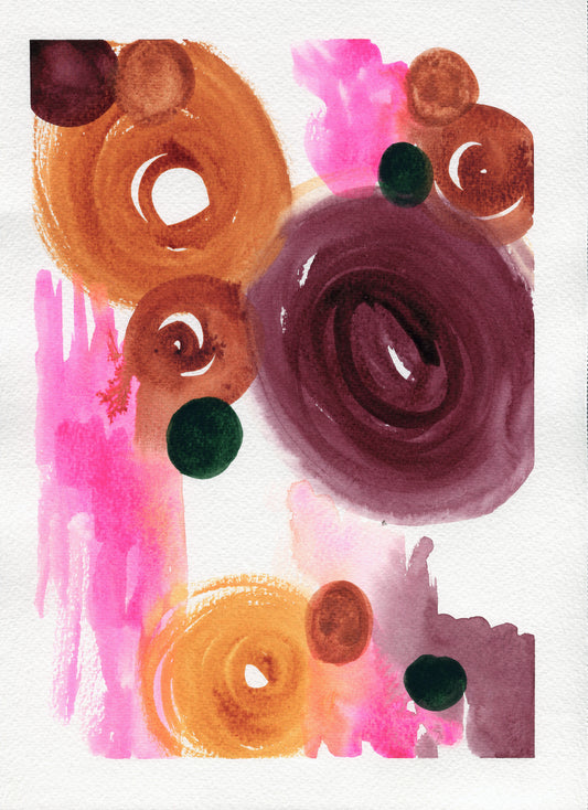 Colorful abstract art with circular shapes and dots on a white background