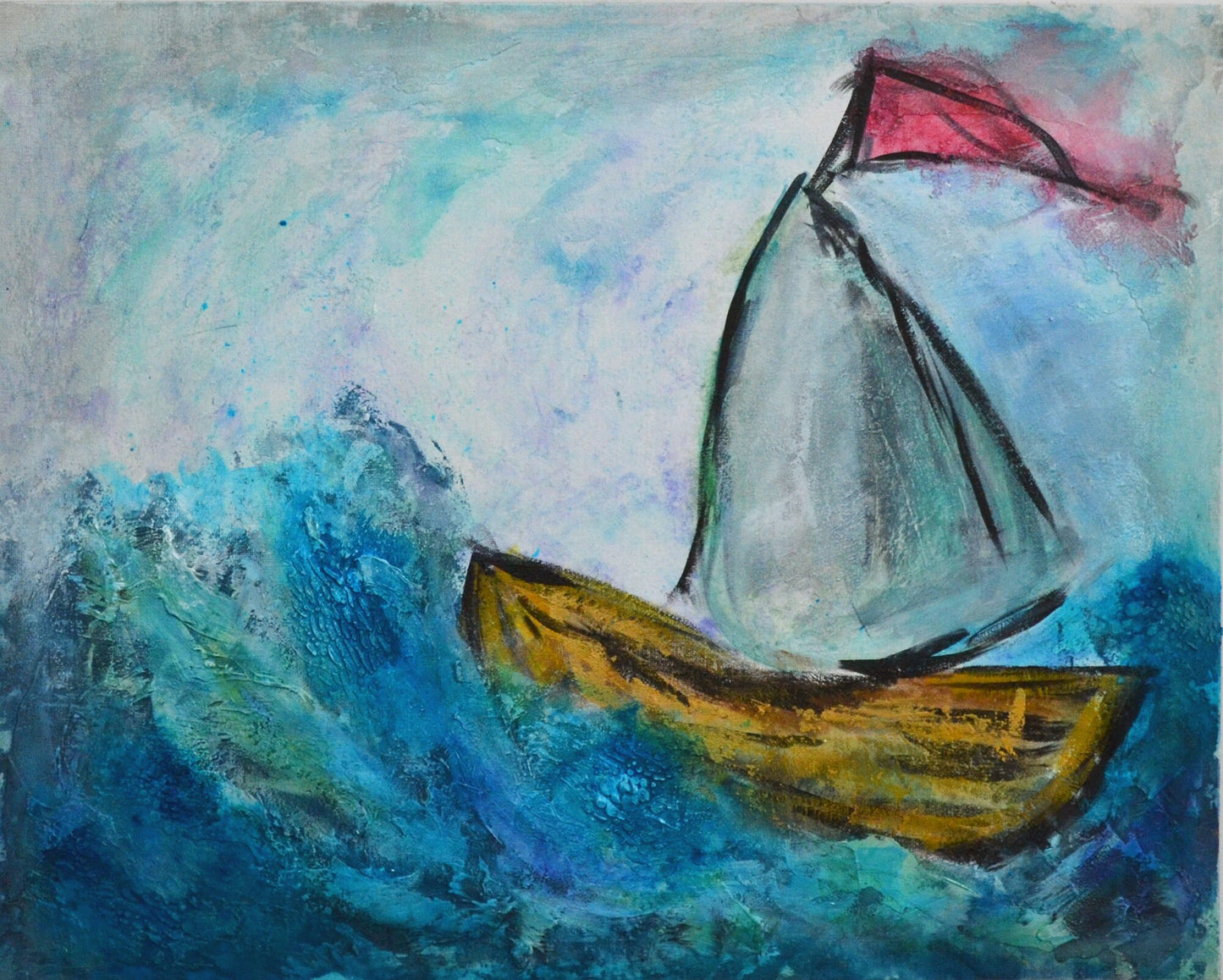 Hand painted mixed media canvas painting featuring a sailboat on blue ocean waves.