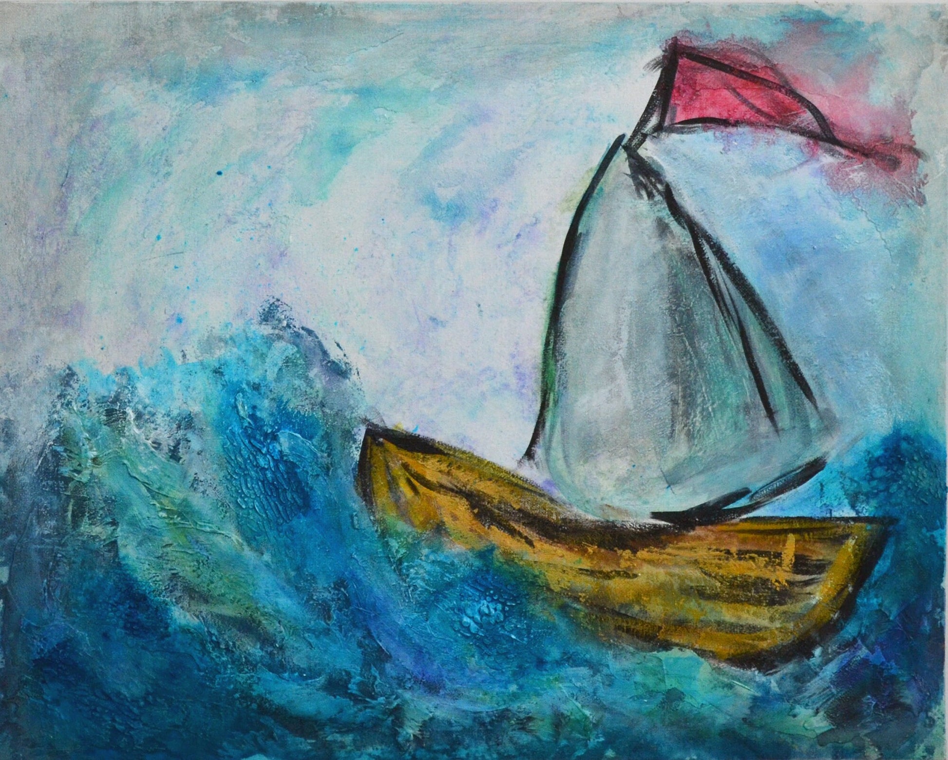 Hand painted mixed media canvas painting featuring a sailboat on blue ocean waves.
