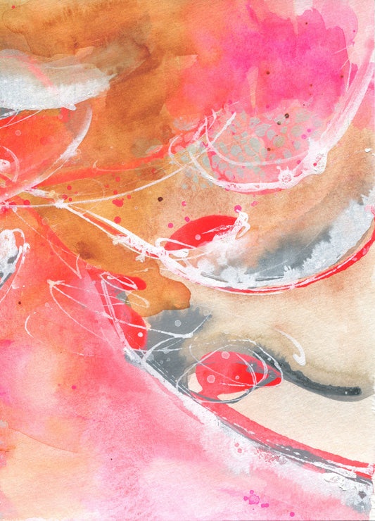 A hot pink abstract watercolor painting with swirling patterns and splashes of gray and red accents, presented without a frame.