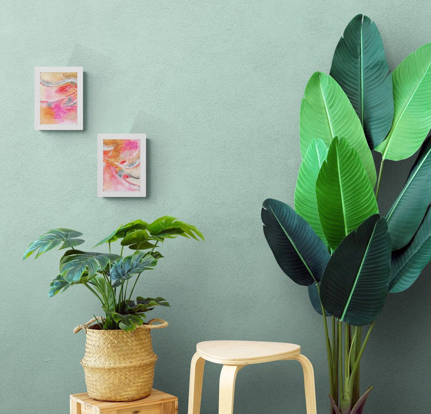 Set of 2 original abstract hot pink watercolor painting