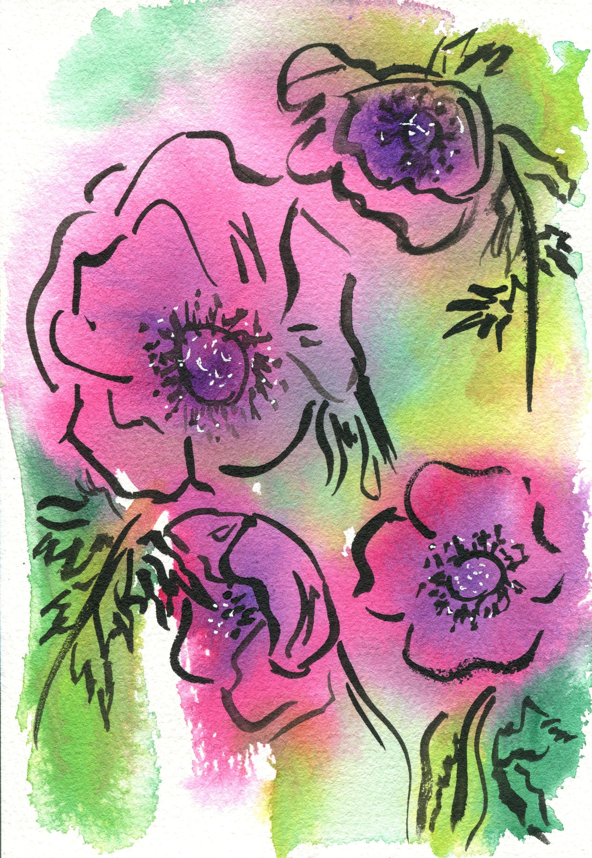 A small watercolor painting featuring pink and purple floral lines on a green background, indicating a vibrant and colorful artwork.