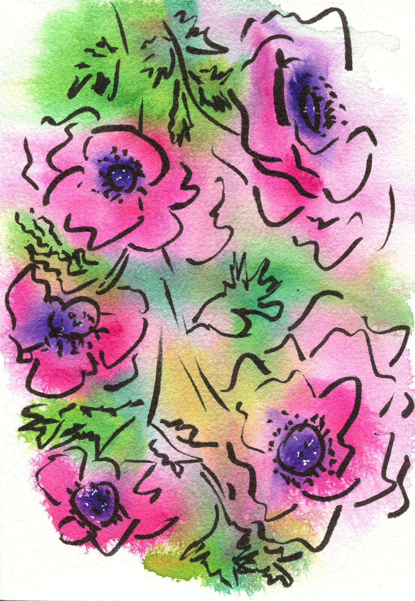 Set of 2 pink and purple line and wash flower painting