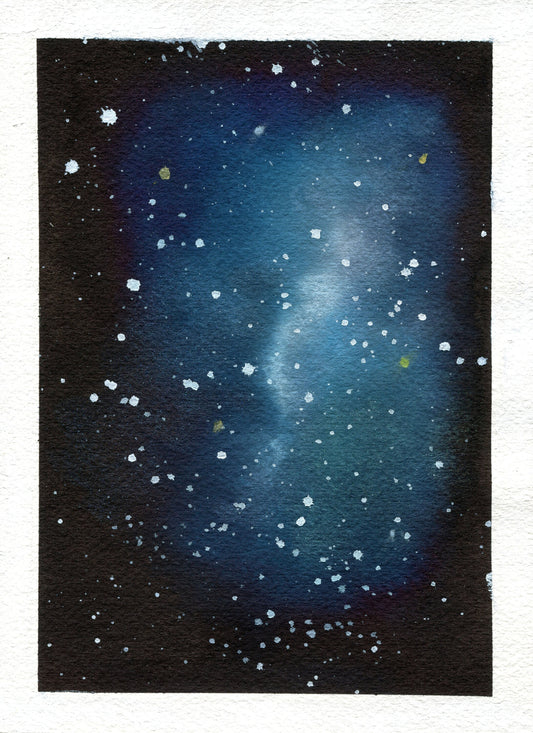 A watercolor painting of a galaxy with stars and a nebula, set on a black background.