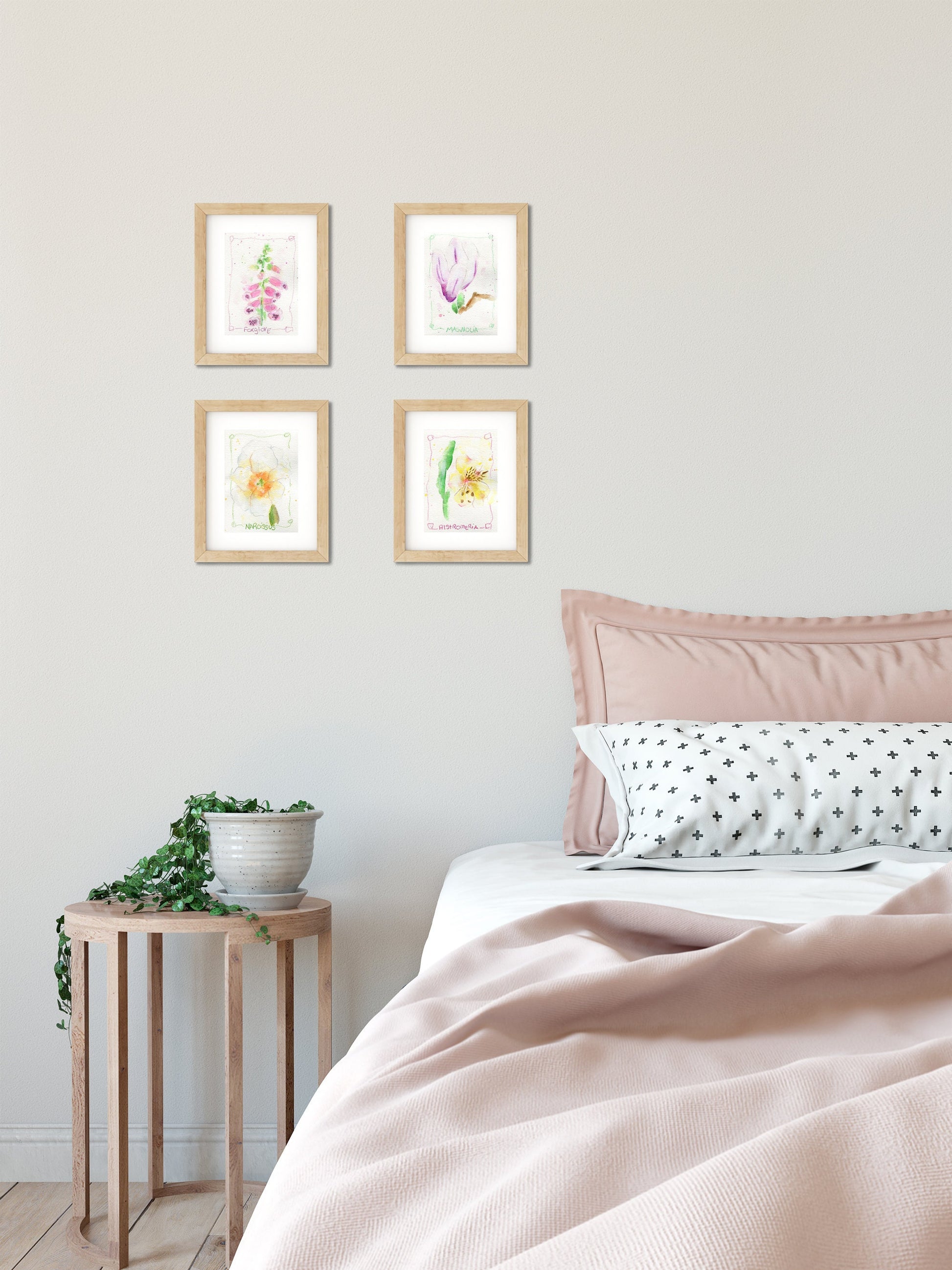 Set of 4 watercolor flower paintings 5x7, magnolia, foxglove, alstroemeria, narcissus
