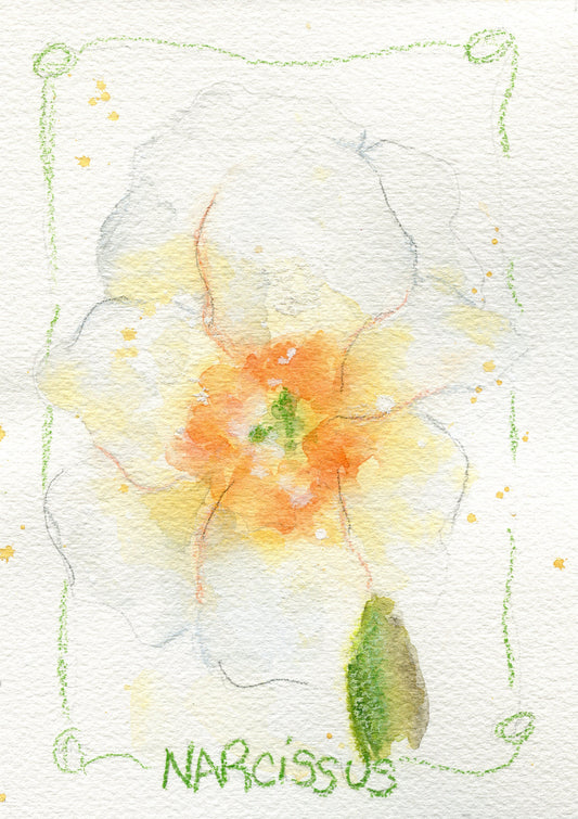 A watercolor painting of a white flower with yellow and orange accents, possibly a magnolia or a foxglove, signed by the artist on the lower right.