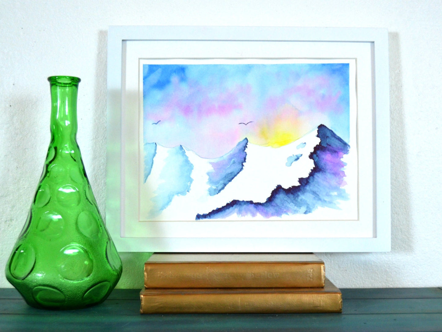 Snowy mountain sunrise watercolor painting 9x12