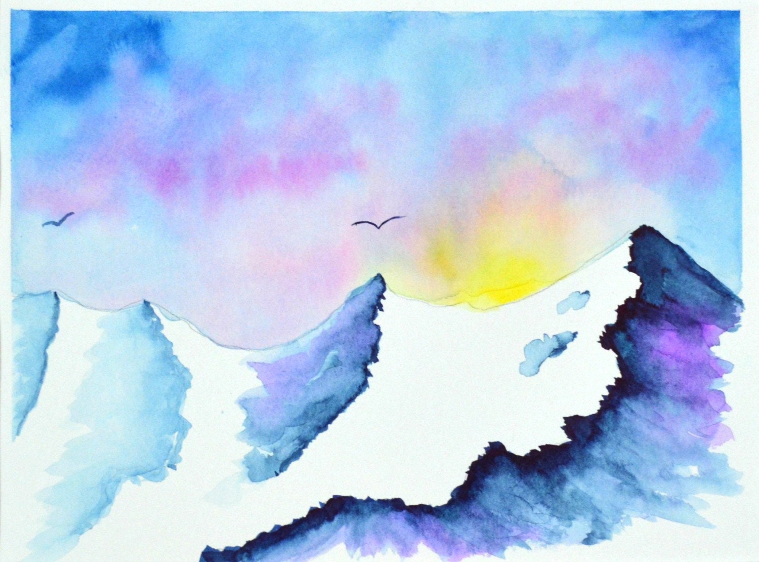 A watercolor painting depicting a snowy mountain scene with a sunrise or sunset background, featuring a flying bird and a mountain goat.