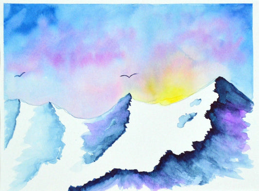 A watercolor painting depicting a snowy mountain scene with a sunrise or sunset background, featuring a flying bird and a mountain goat.
