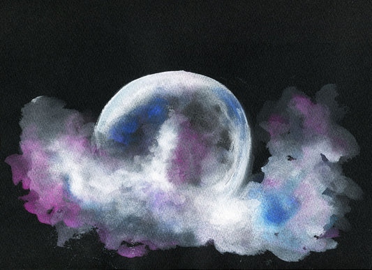 Watercolor painting of a full moon on black watercolor paper with blue and purple accents.
