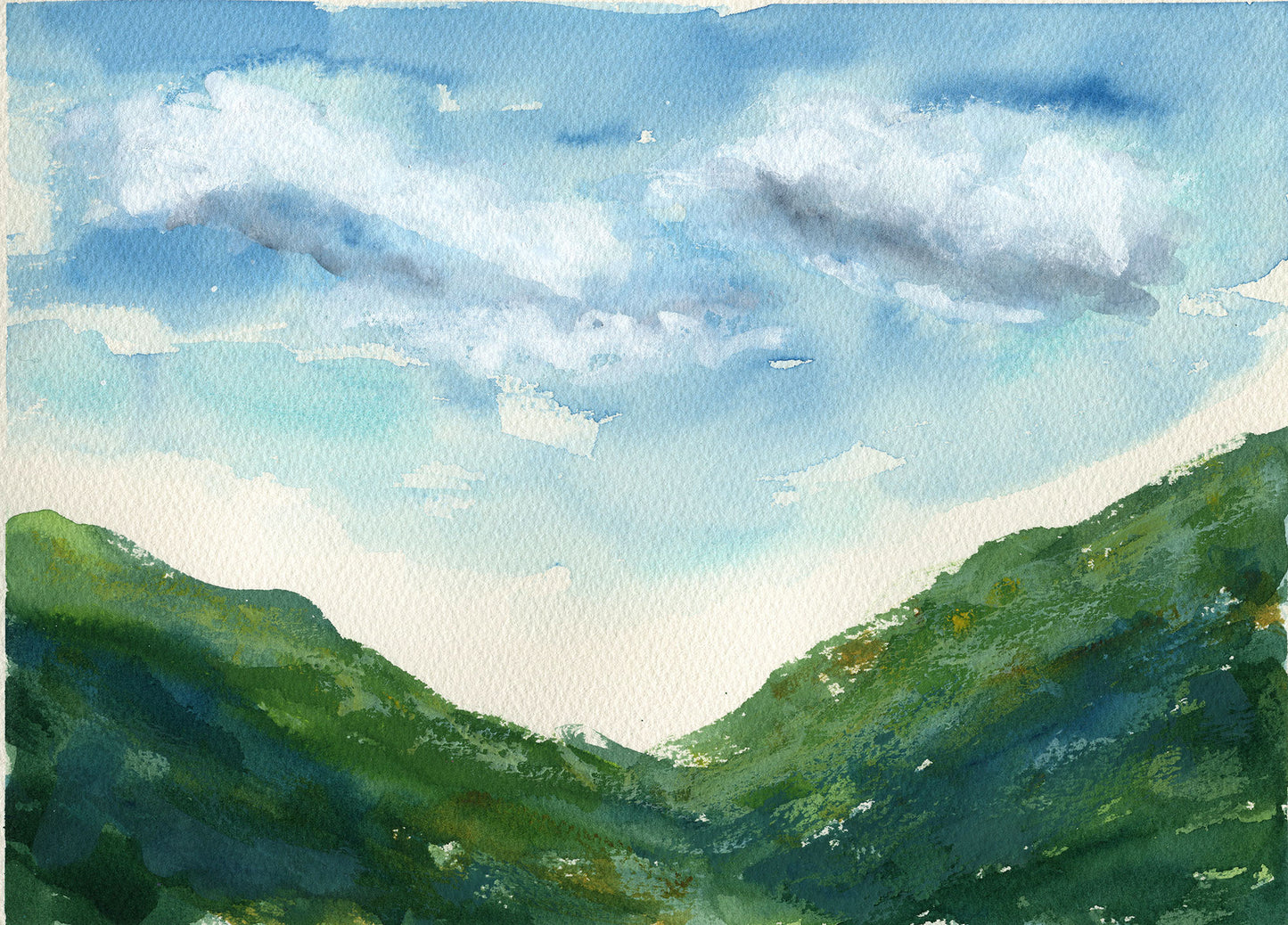 Painting of green hills and a blue sky with clouds