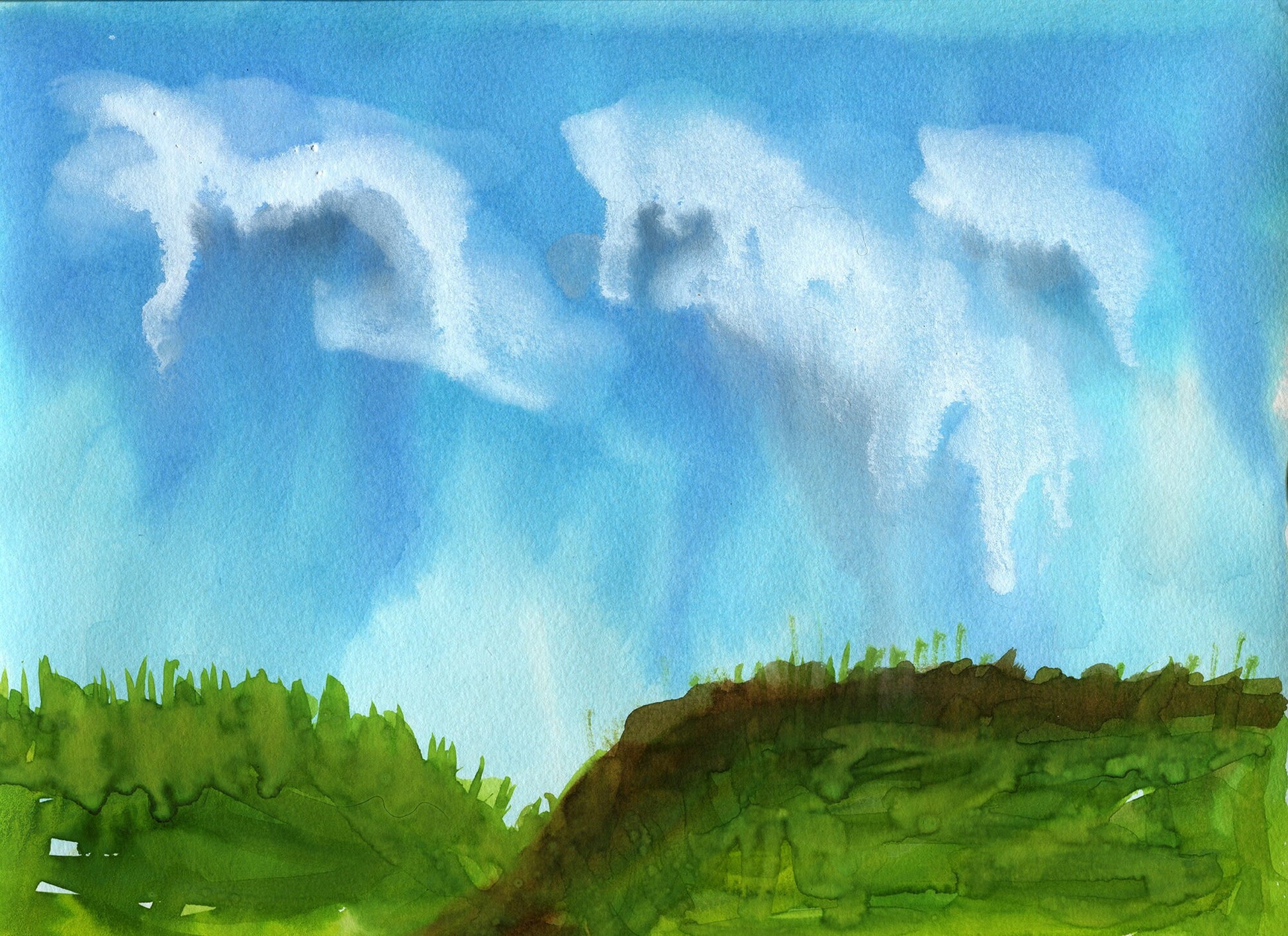 A watercolor painting depicting a rainstorm with dark clouds over a landscape, featuring green hills and a blue sky.
