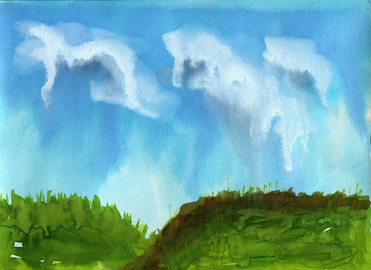 A watercolor painting depicting a rainstorm with dark clouds over a landscape, featuring green hills and a blue sky.