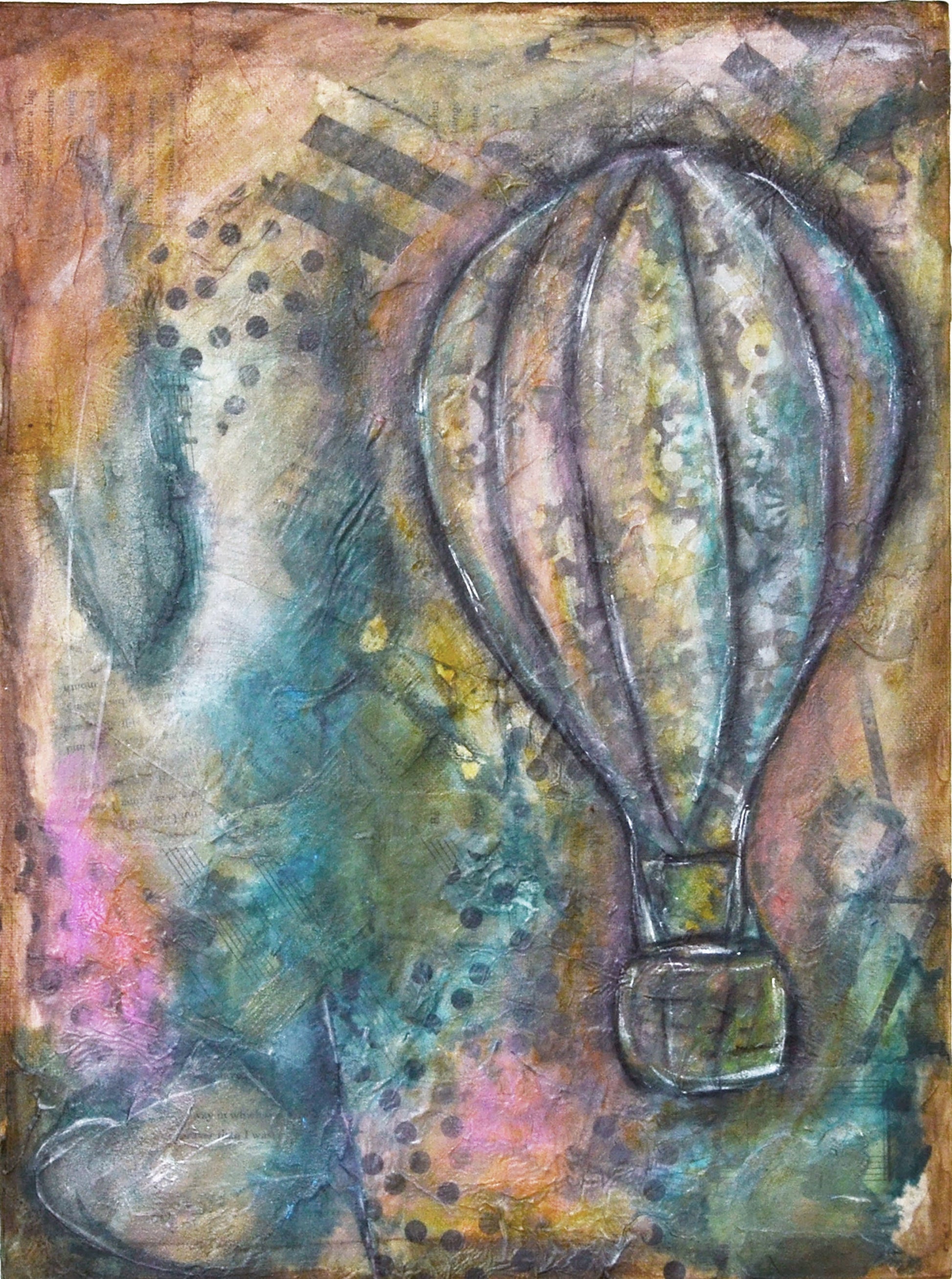 Hand painted mixed media abstract painting featuring a hot air balloon, with a blend of blue, green, and brown colors on a canvas panel.