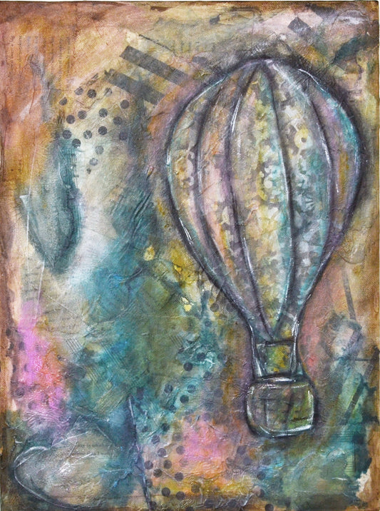 Hand painted mixed media abstract painting featuring a hot air balloon, with a blend of blue, green, and brown colors on a canvas panel.