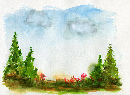 Evergreen forest watercolor painting 9x12, summertime wilderness landscape watercolor painting