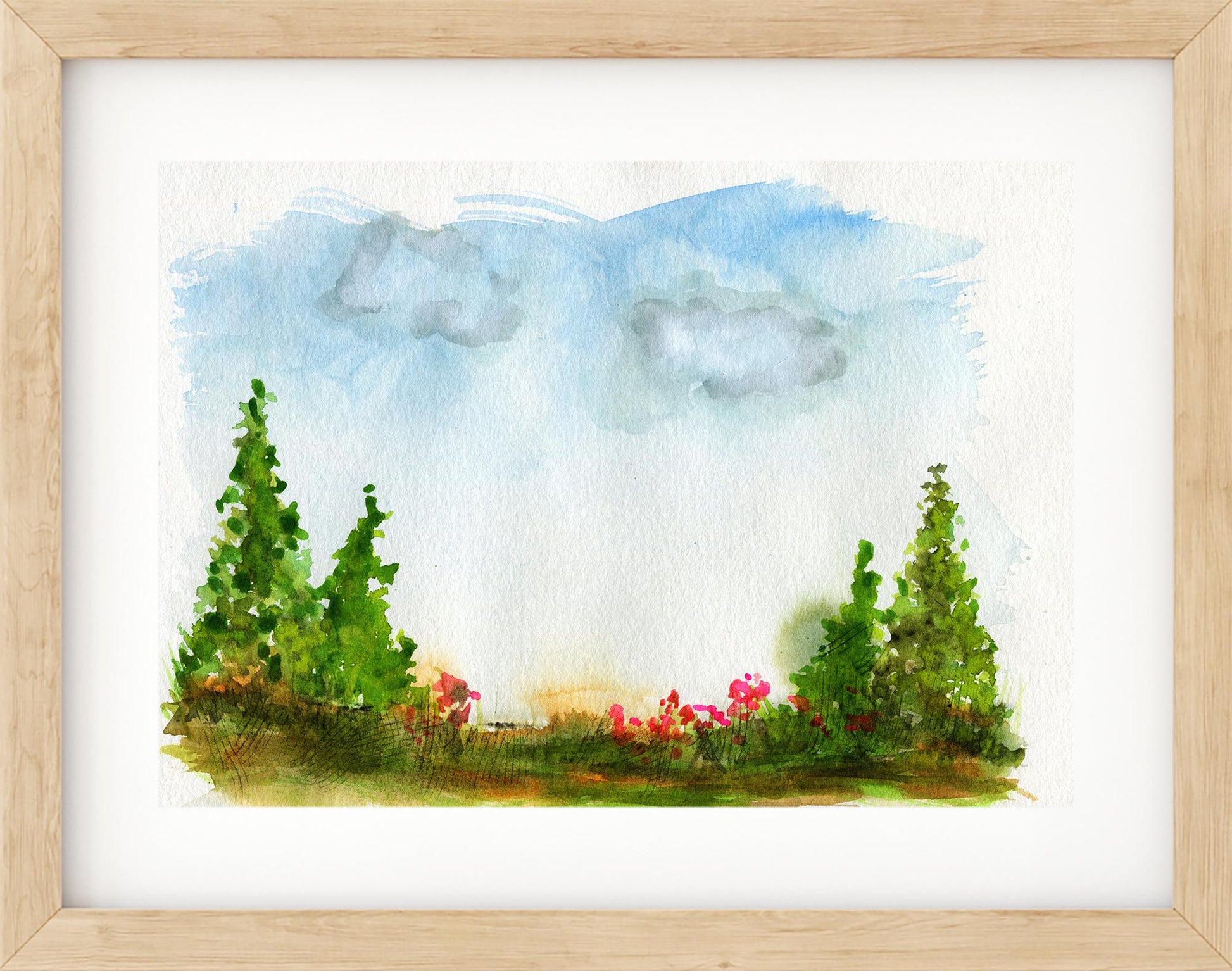 Evergreen forest watercolor painting 9x12, summertime wilderness landscape watercolor painting