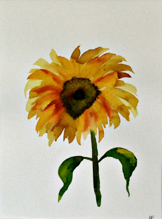 A watercolor painting of a sunflower with a yellow and orange color palette on a white background, indicating the artwork is not framed.