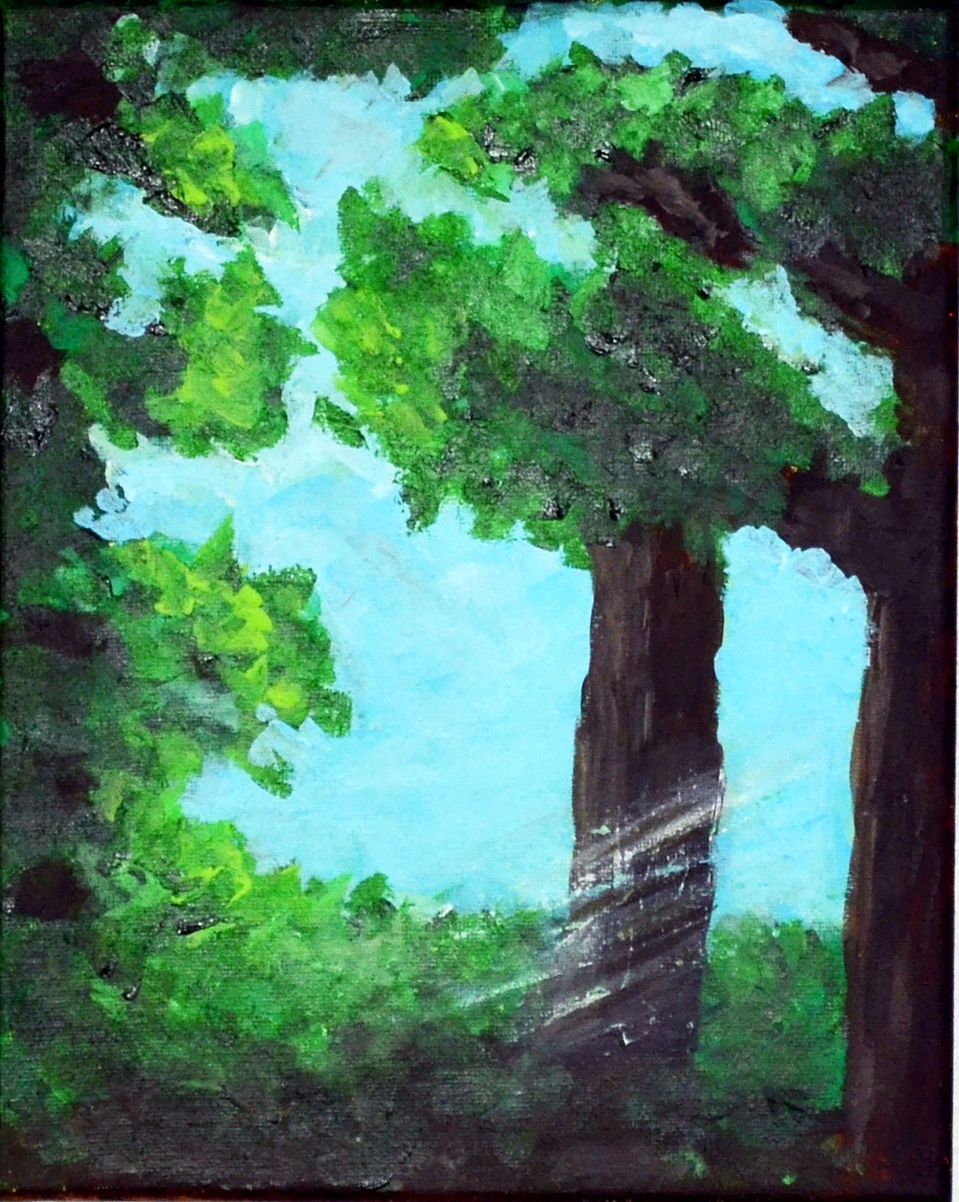 An acrylic painting on canvas featuring a green forest scene with sunlight filtering through the trees.