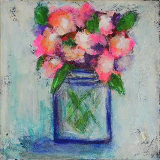 Hand painted mixed media painting of sweet pea flowers in a clear vase, with green, pink, and purple colors on a blue background.