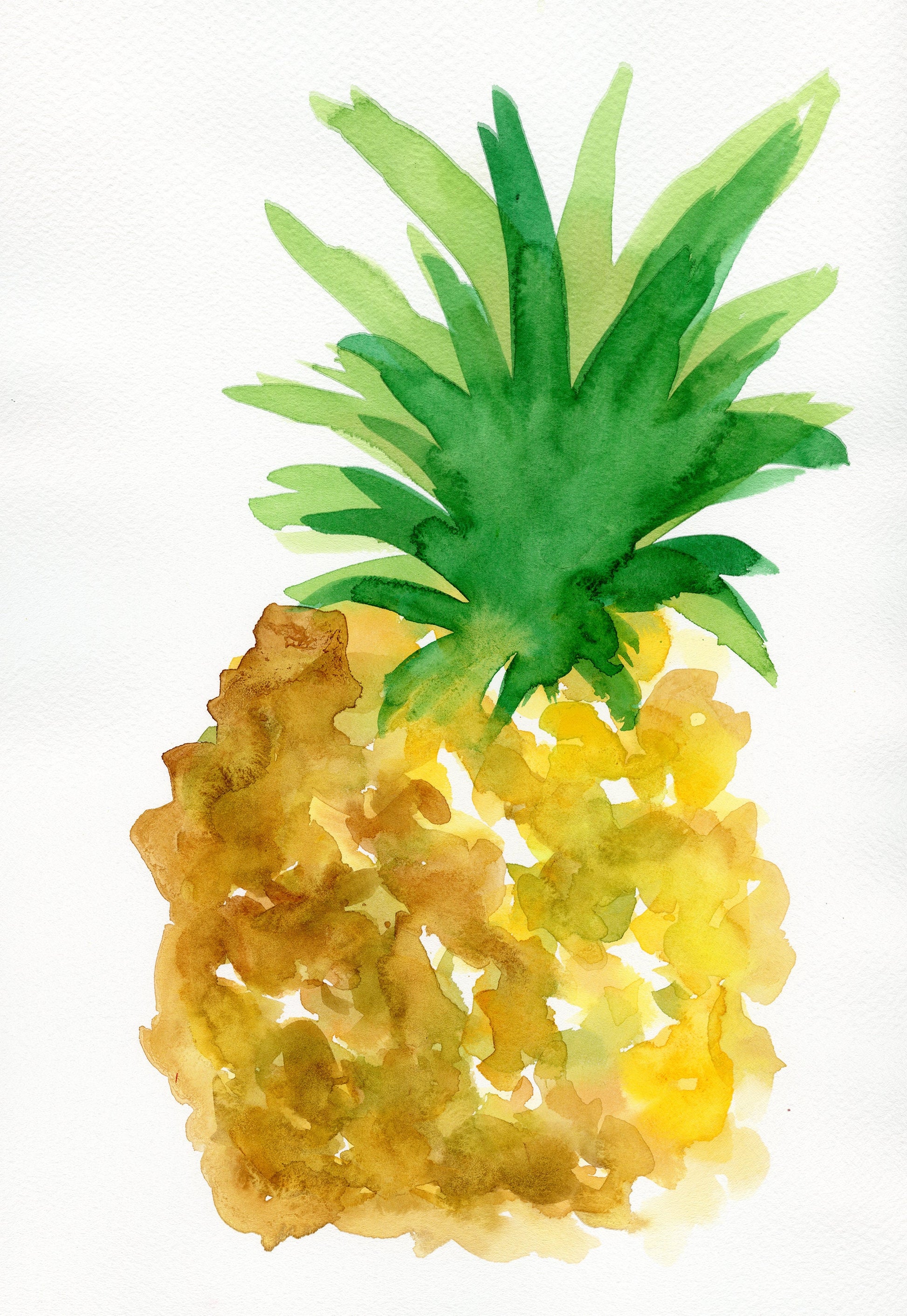 Hand painted watercolor painting of a pineapple with brown, yellow, and green colors on a white background.