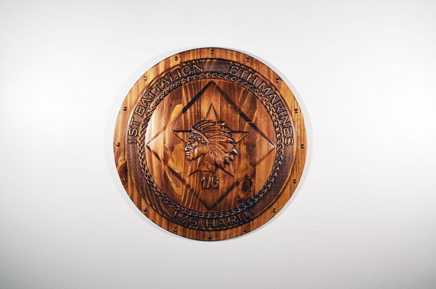 USMC 1st Battalion 6th Marines, USMC 1-6 Hard 3d wood carving stained, military plaque