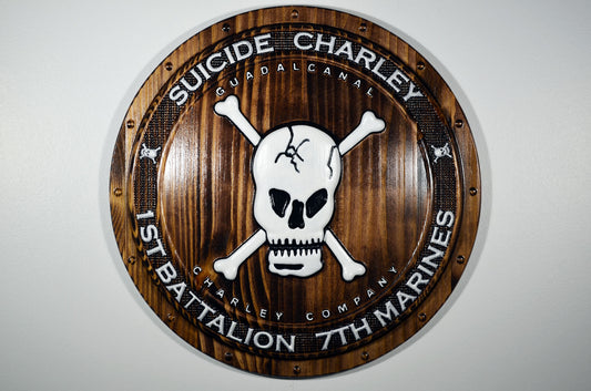 USMC 1st Battalion 7th Marines, Suicide Charley Company, 3d wood carving Shield, military plaque - Carved Effects