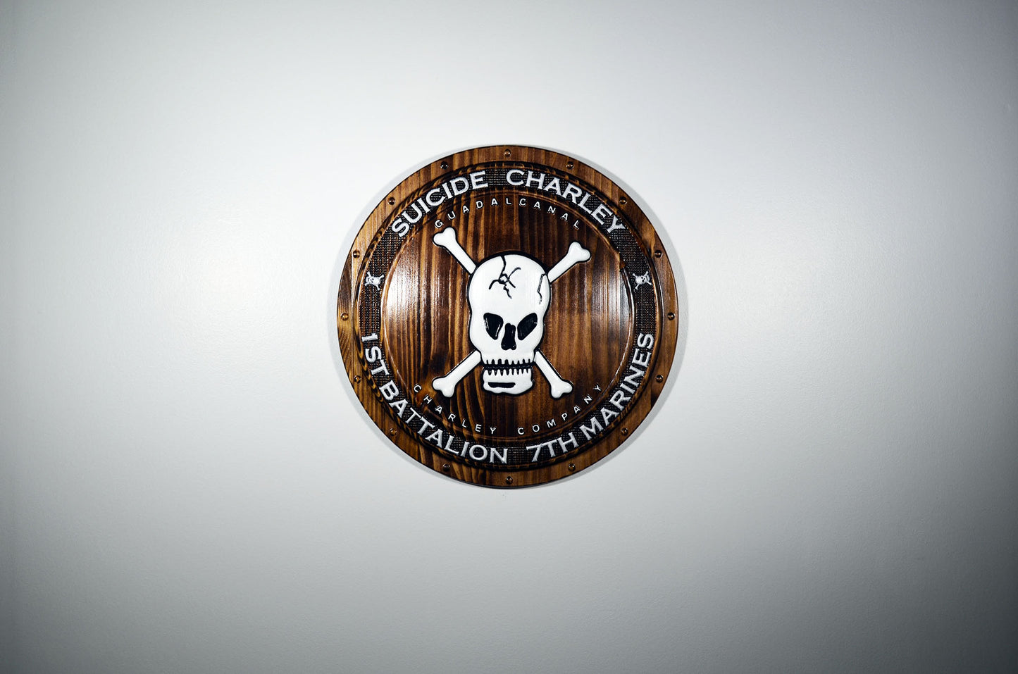 USMC 1st Battalion 7th Marines, Suicide Charley Company, 3d wood carving Shield, military plaque - Carved Effects