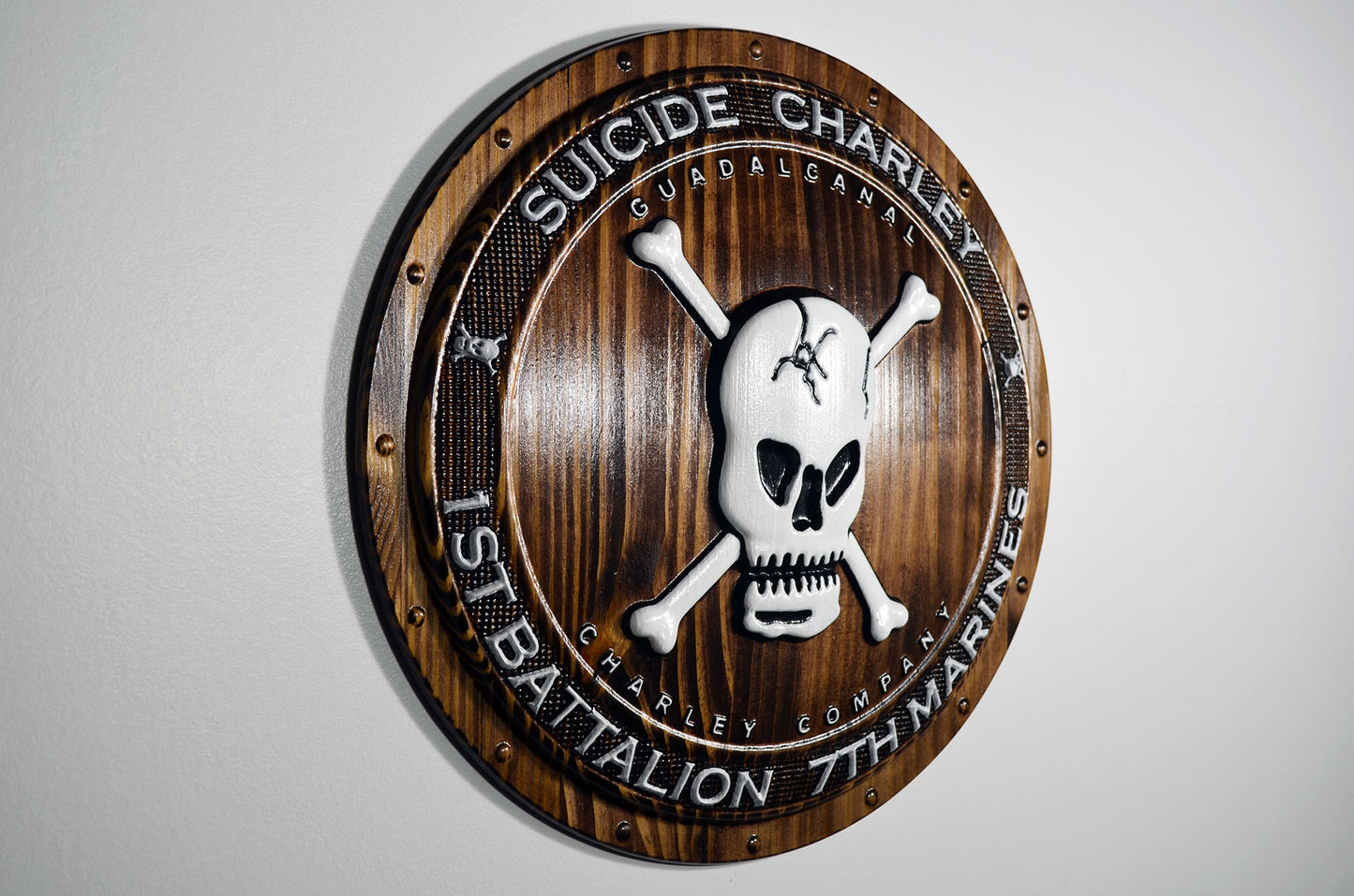 USMC 1st Battalion 7th Marines, Suicide Charley Company, 3d wood carving Shield, military plaque - Carved Effects
