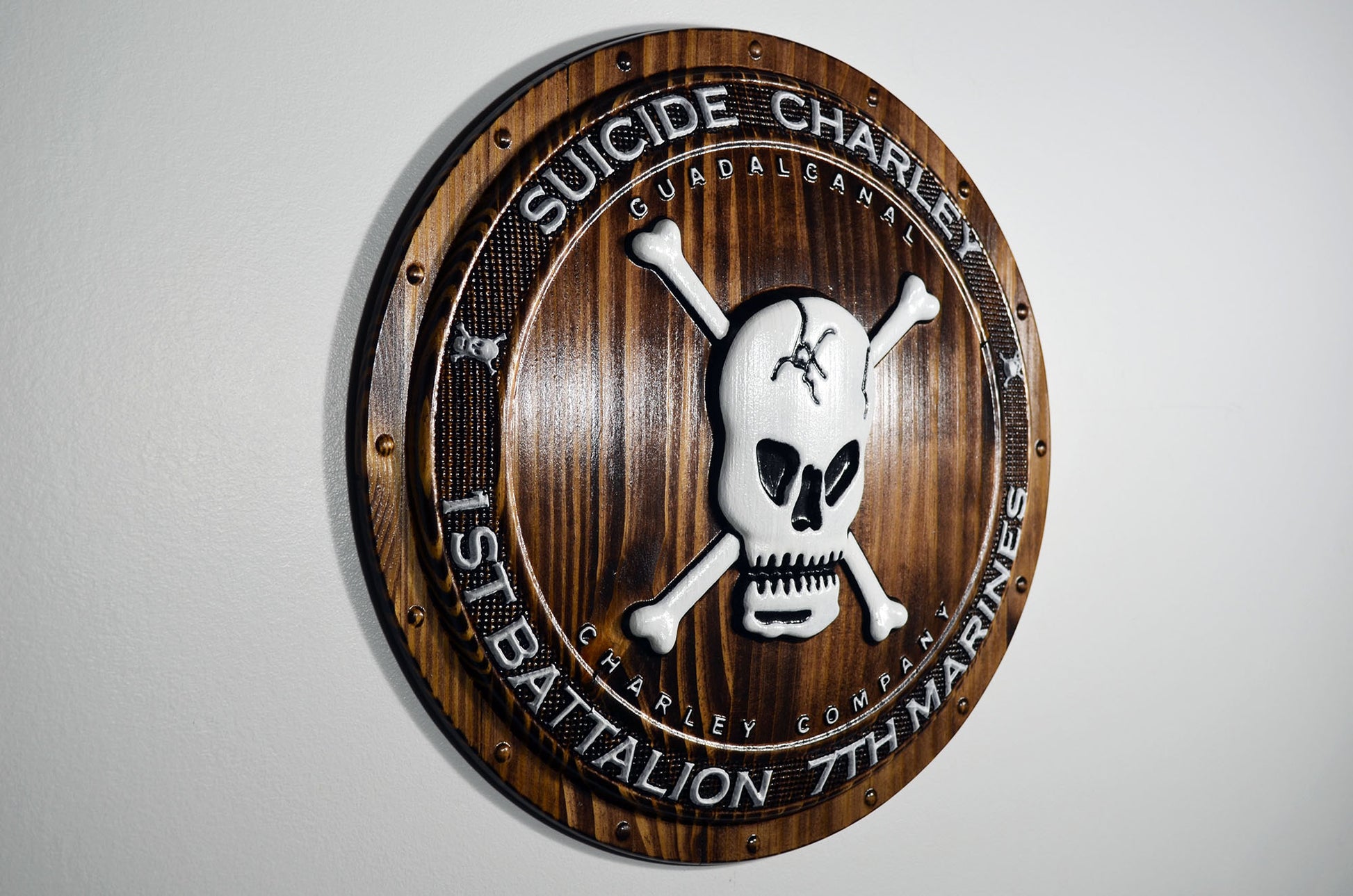 USMC 1st Battalion 7th Marines, Suicide Charley Company, 3d wood carving Shield, military plaque - Carved Effects