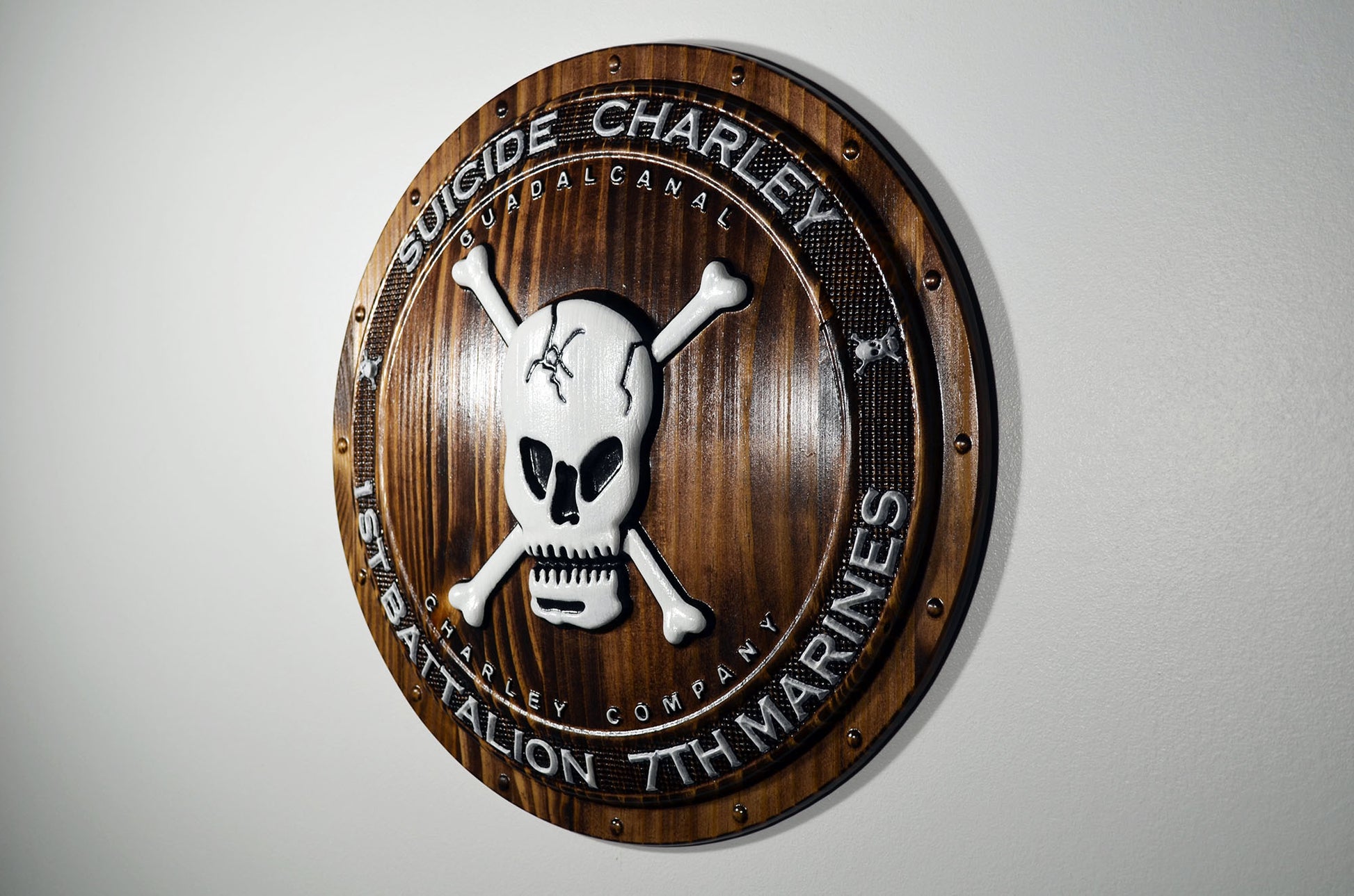 USMC 1st Battalion 7th Marines, Suicide Charley Company, 3d wood carving Shield, military plaque - Carved Effects