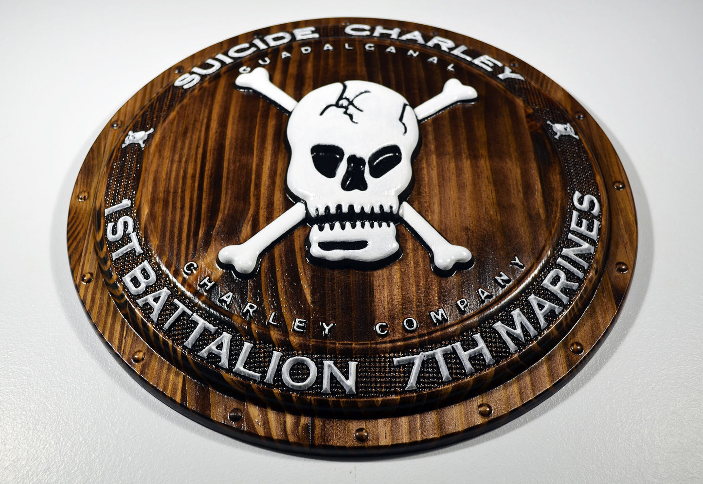USMC 1st Battalion 7th Marines, Suicide Charley Company, 3d wood carving Shield, military plaque - Carved Effects