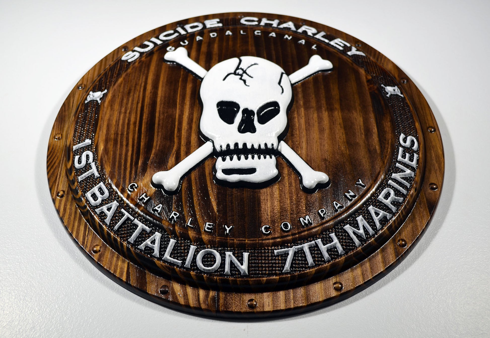 USMC 1st Battalion 7th Marines, Suicide Charley Company, 3d wood carving Shield, military plaque - Carved Effects