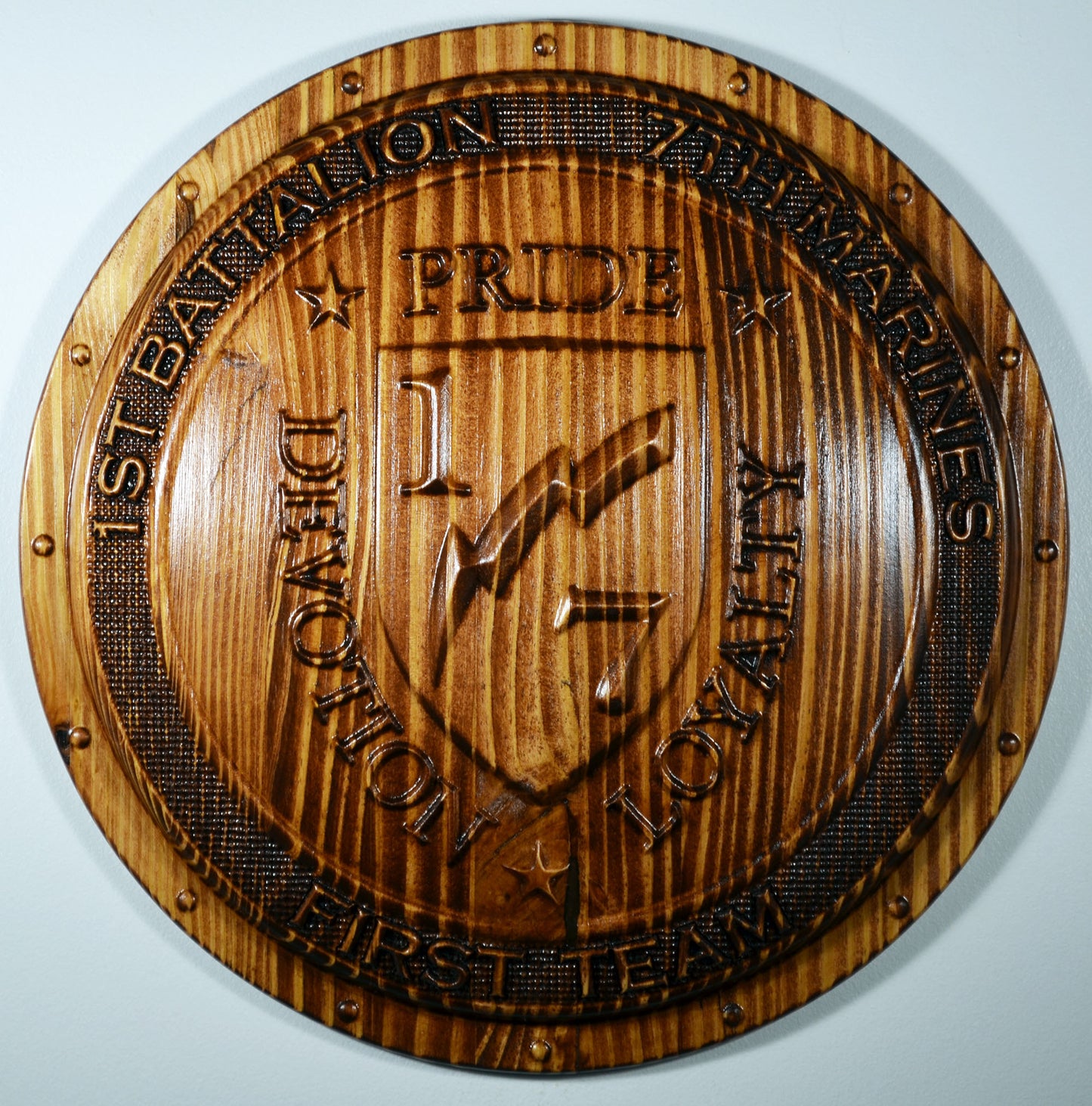 USMC 1st Battalion 7th Marines,  3d wood carving Shield, military plaque - Carved Effects