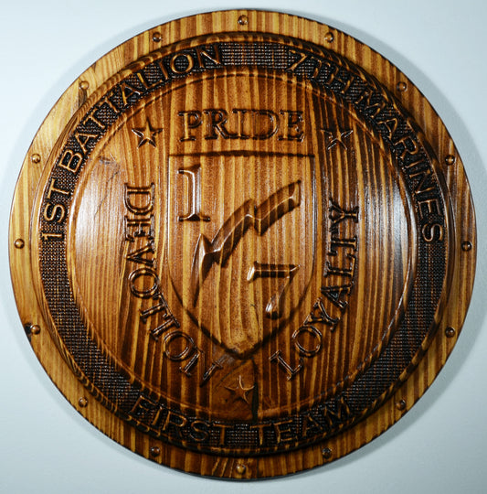 USMC 1st Battalion 7th Marines,  3d wood carving Shield, military plaque - Carved Effects