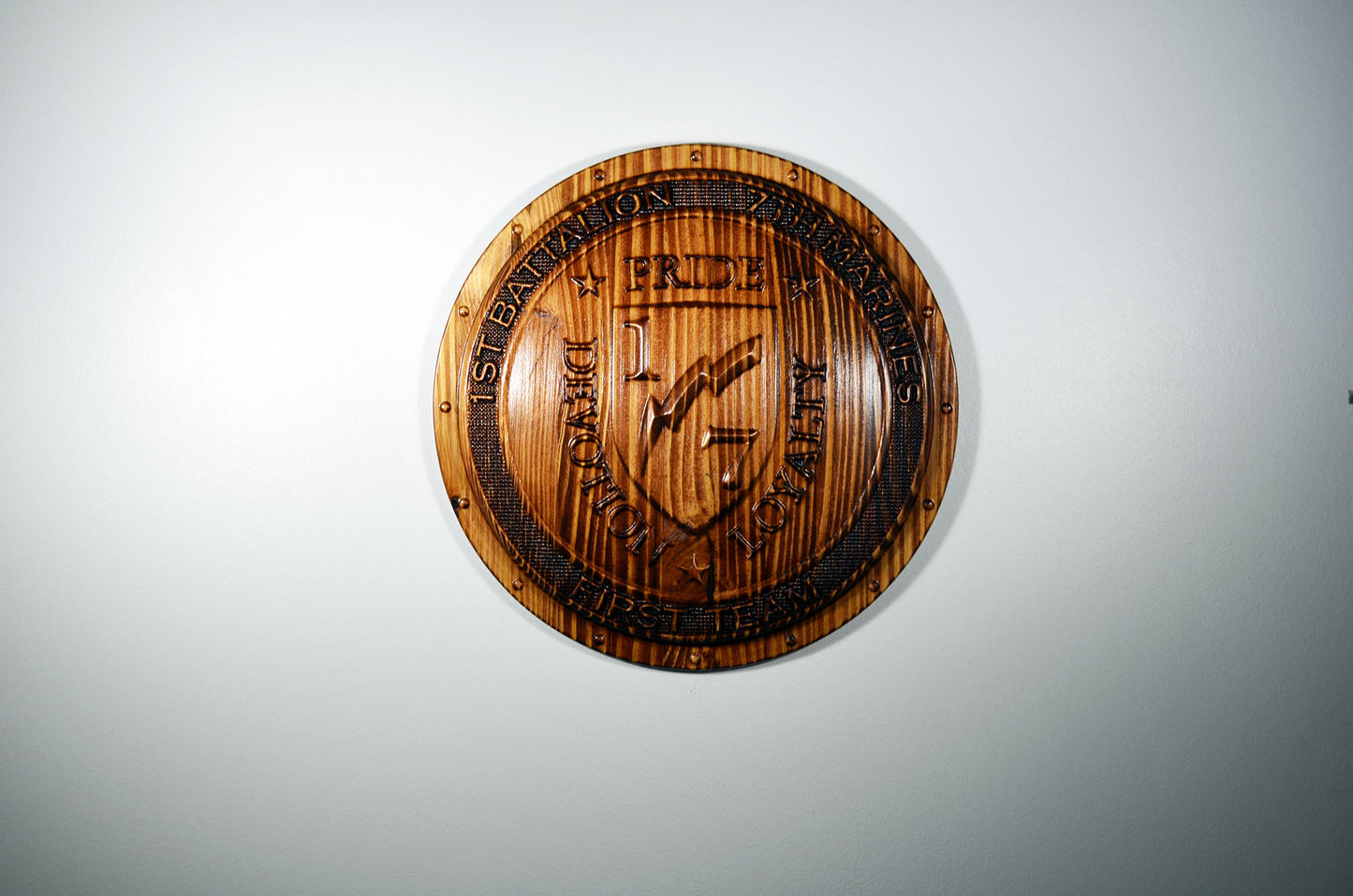 USMC 1st Battalion 7th Marines,  3d wood carving Shield, military plaque - Carved Effects