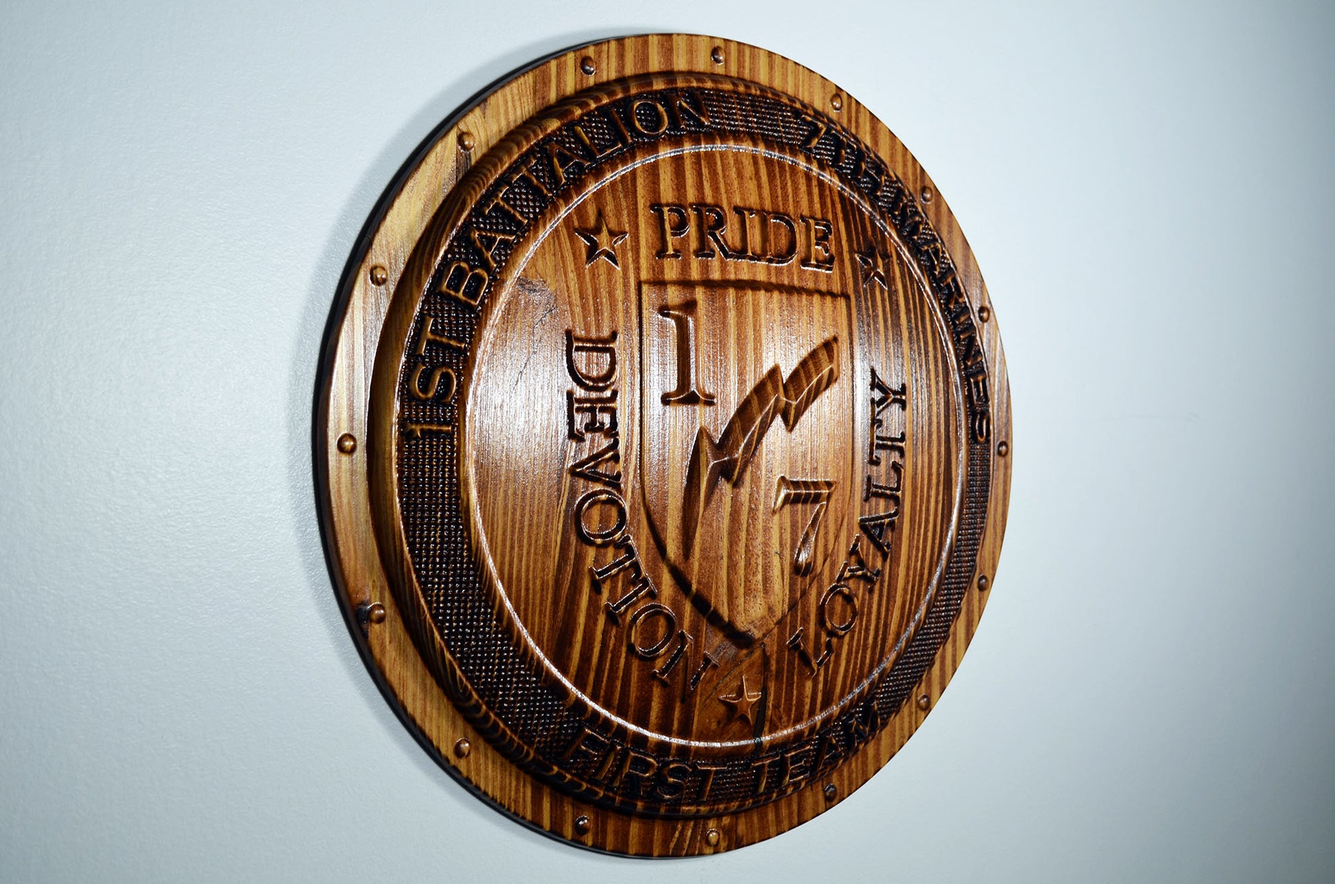 USMC 1st Battalion 7th Marines,  3d wood carving Shield, military plaque - Carved Effects