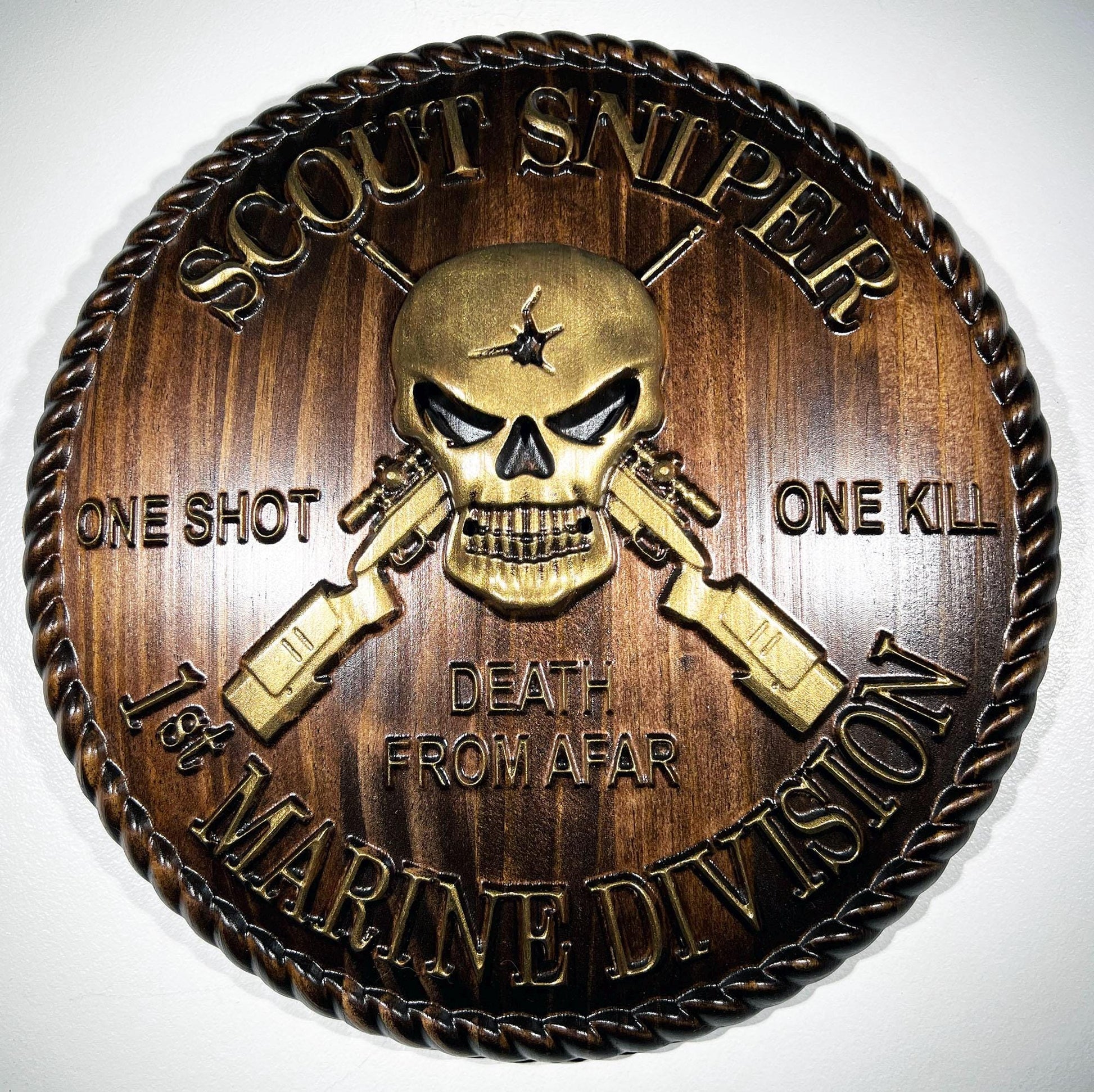 USMC 1st Marine Scout Sniper 12 inch Brass and Java Unit Plaque