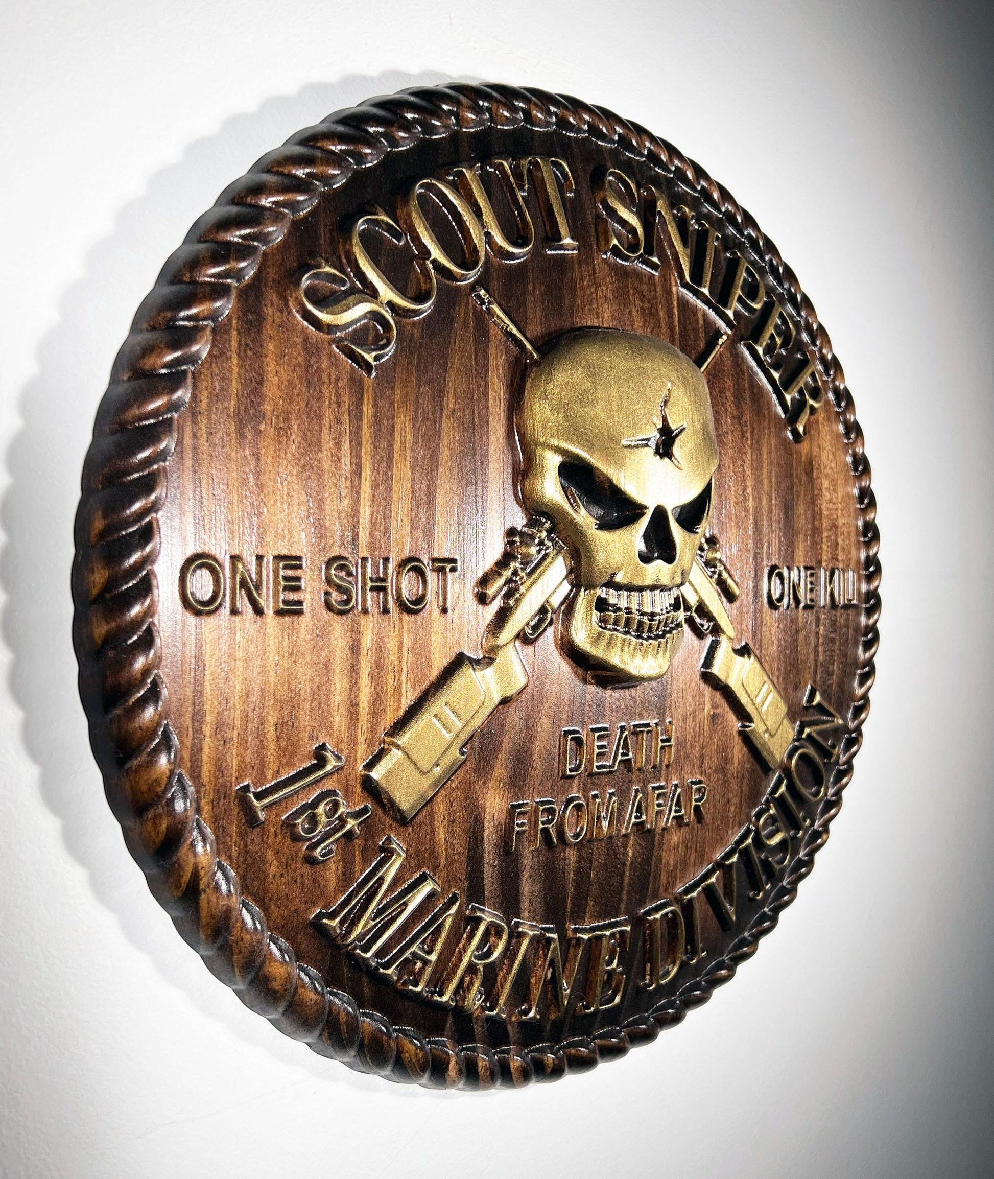 USMC 1st Marine Scout Sniper 12 inch Brass and Java Unit Plaque