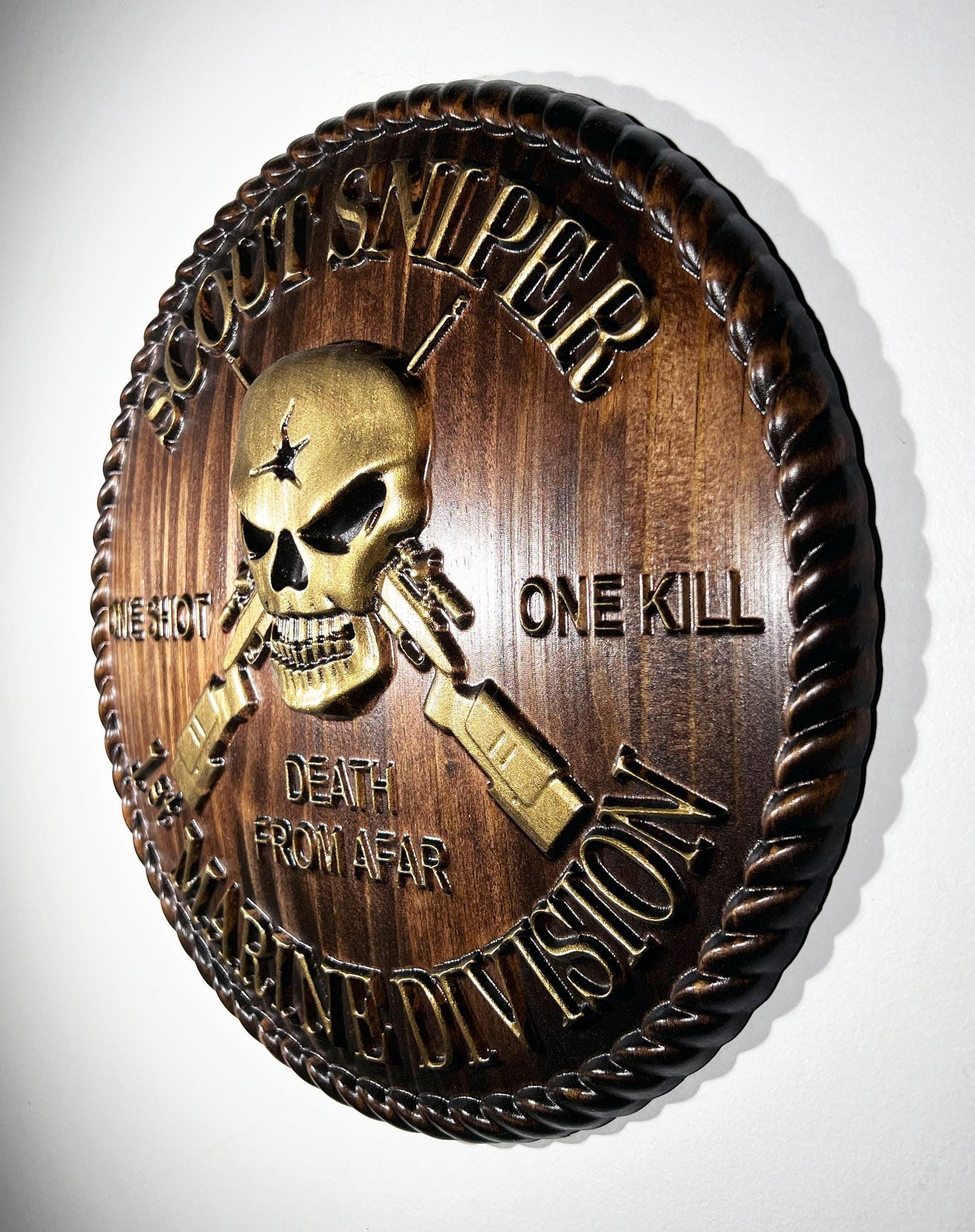 USMC 1st Marine Scout Sniper 12 inch Brass and Java Unit Plaque