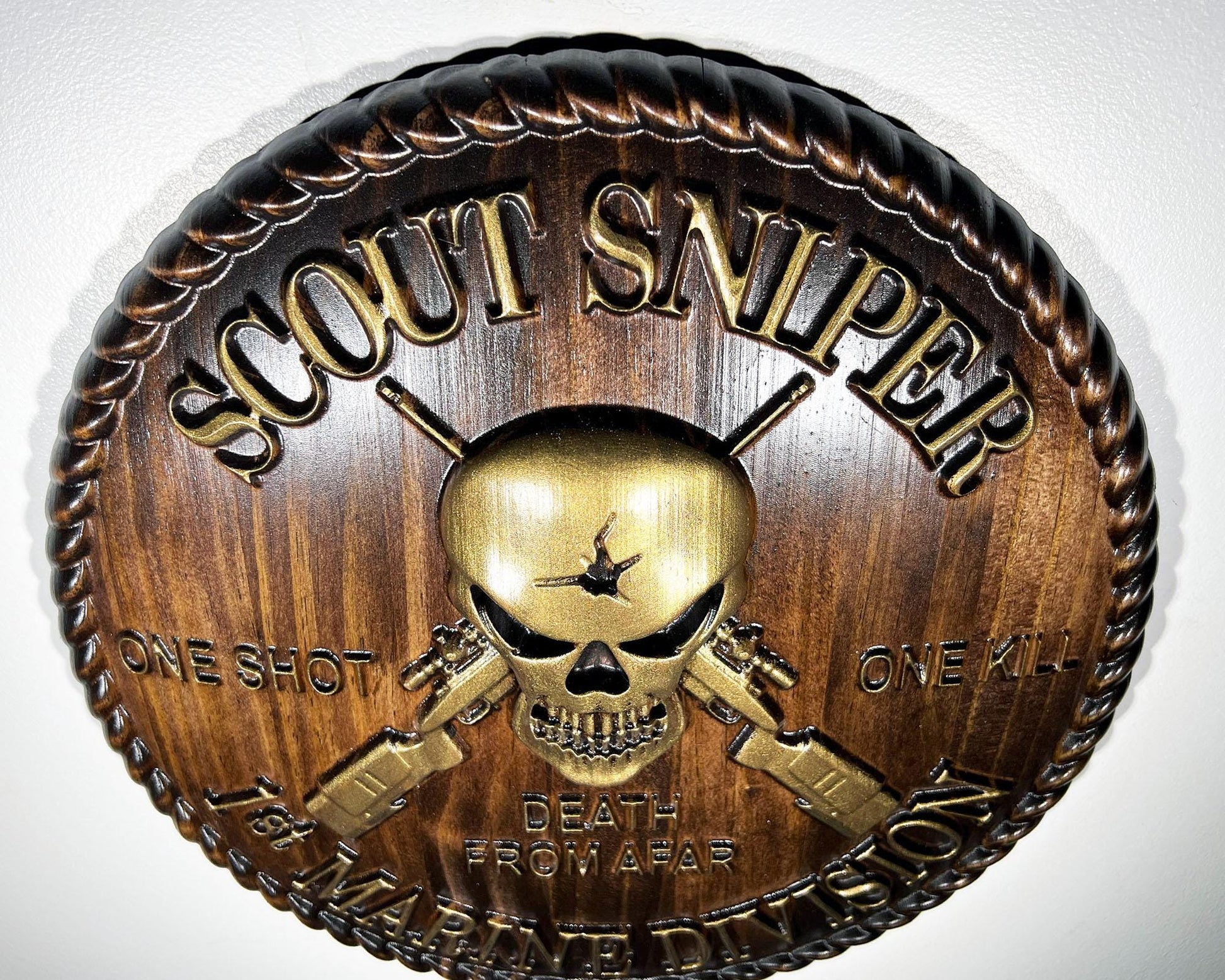 USMC 1st Marine Scout Sniper 12 inch Brass and Java Unit Plaque