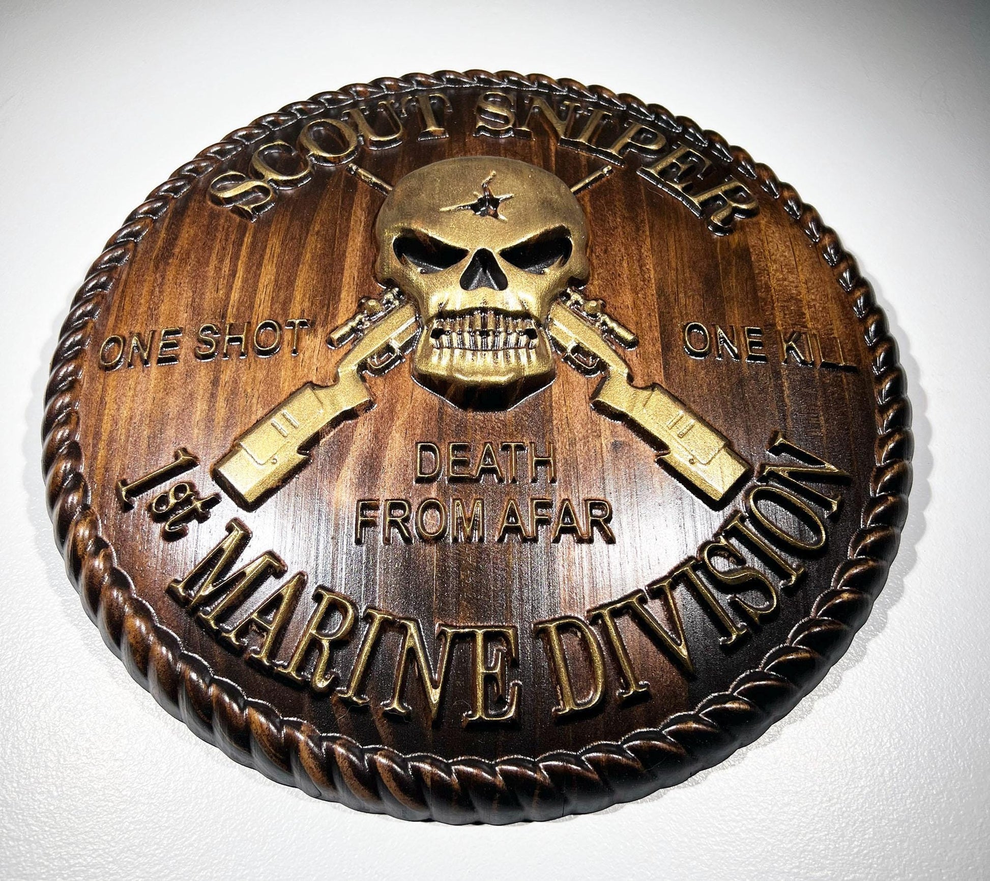 USMC 1st Marine Scout Sniper 12 inch Brass and Java Unit Plaque