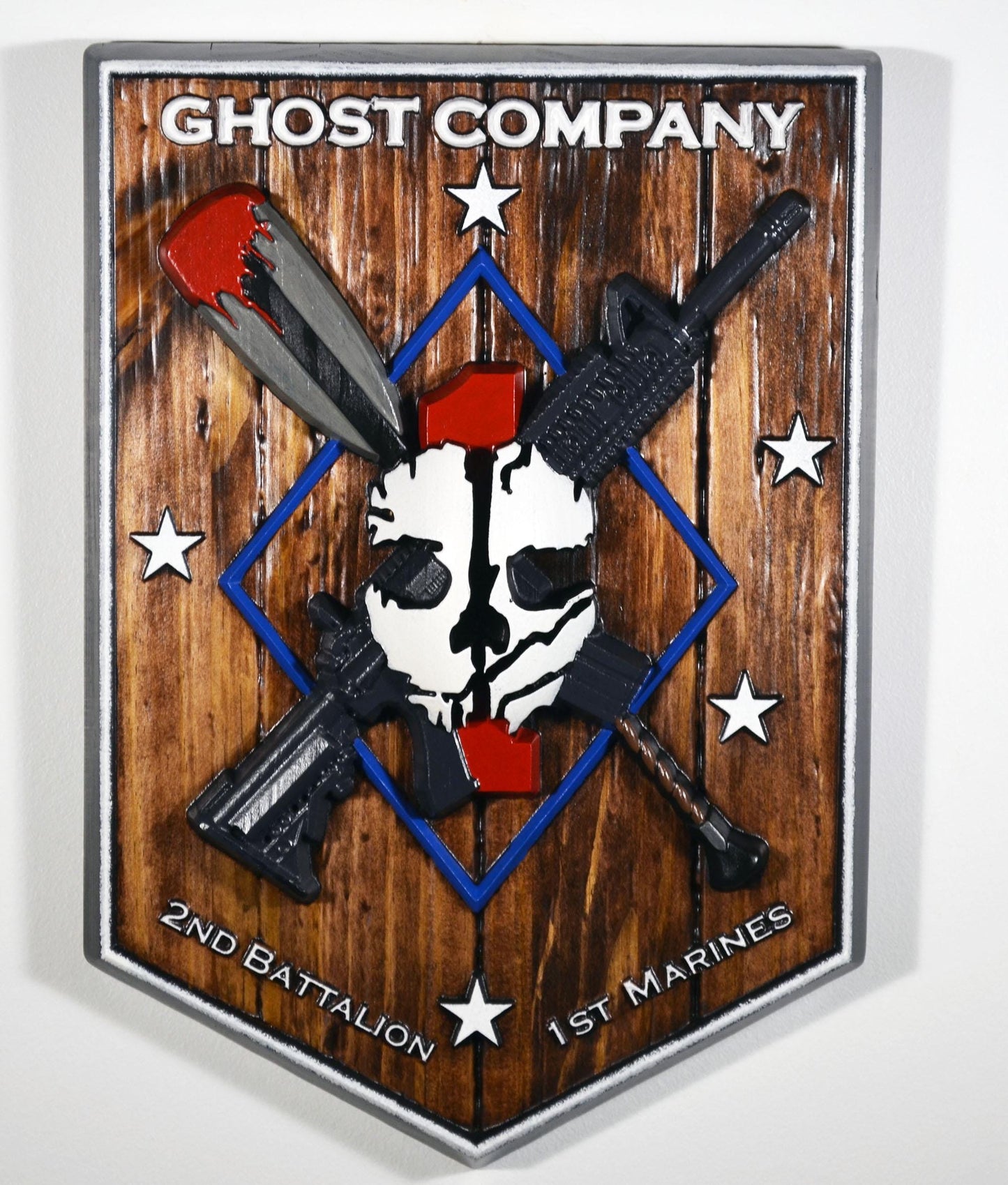 USMC 2nd Battalion 1st Marine Ghost Company, painted wood carving military plaque