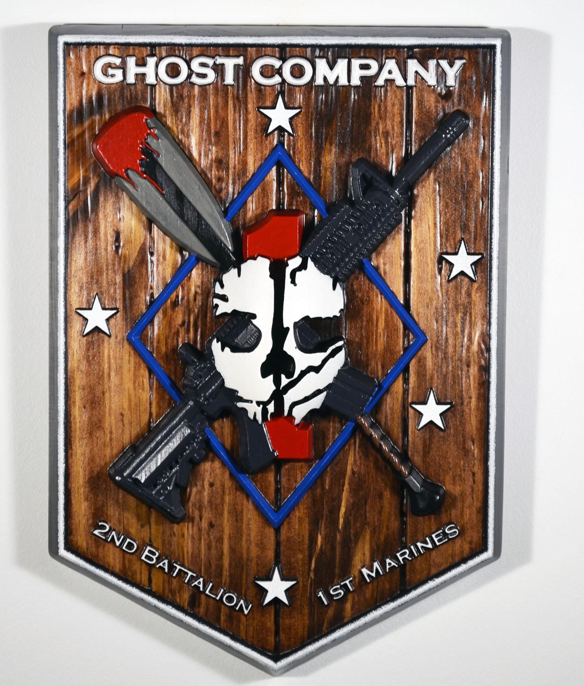 USMC 2nd Battalion 1st Marine Ghost Company, painted wood carving military plaque