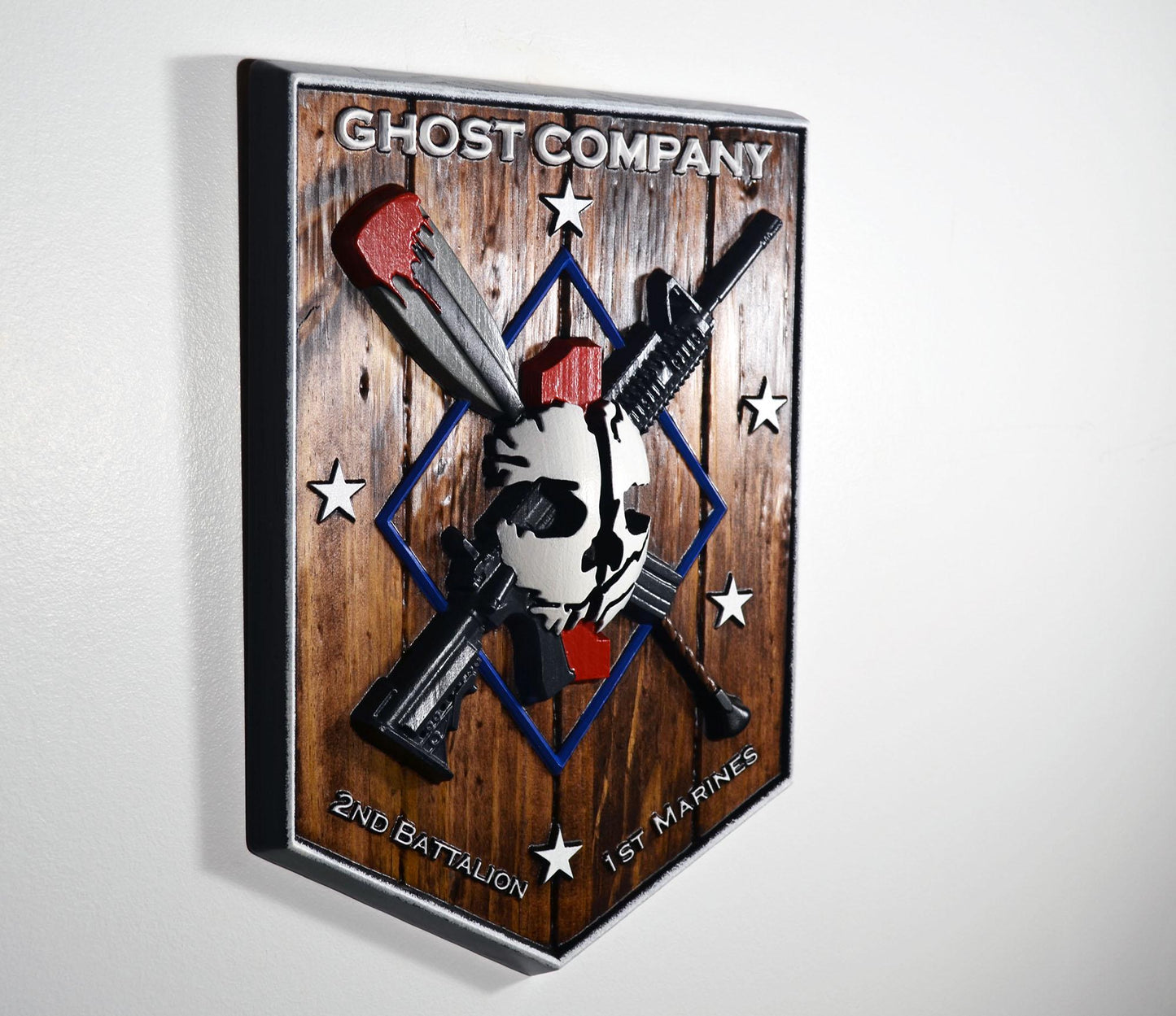 USMC 2nd Battalion 1st Marine Ghost Company, painted wood carving military plaque