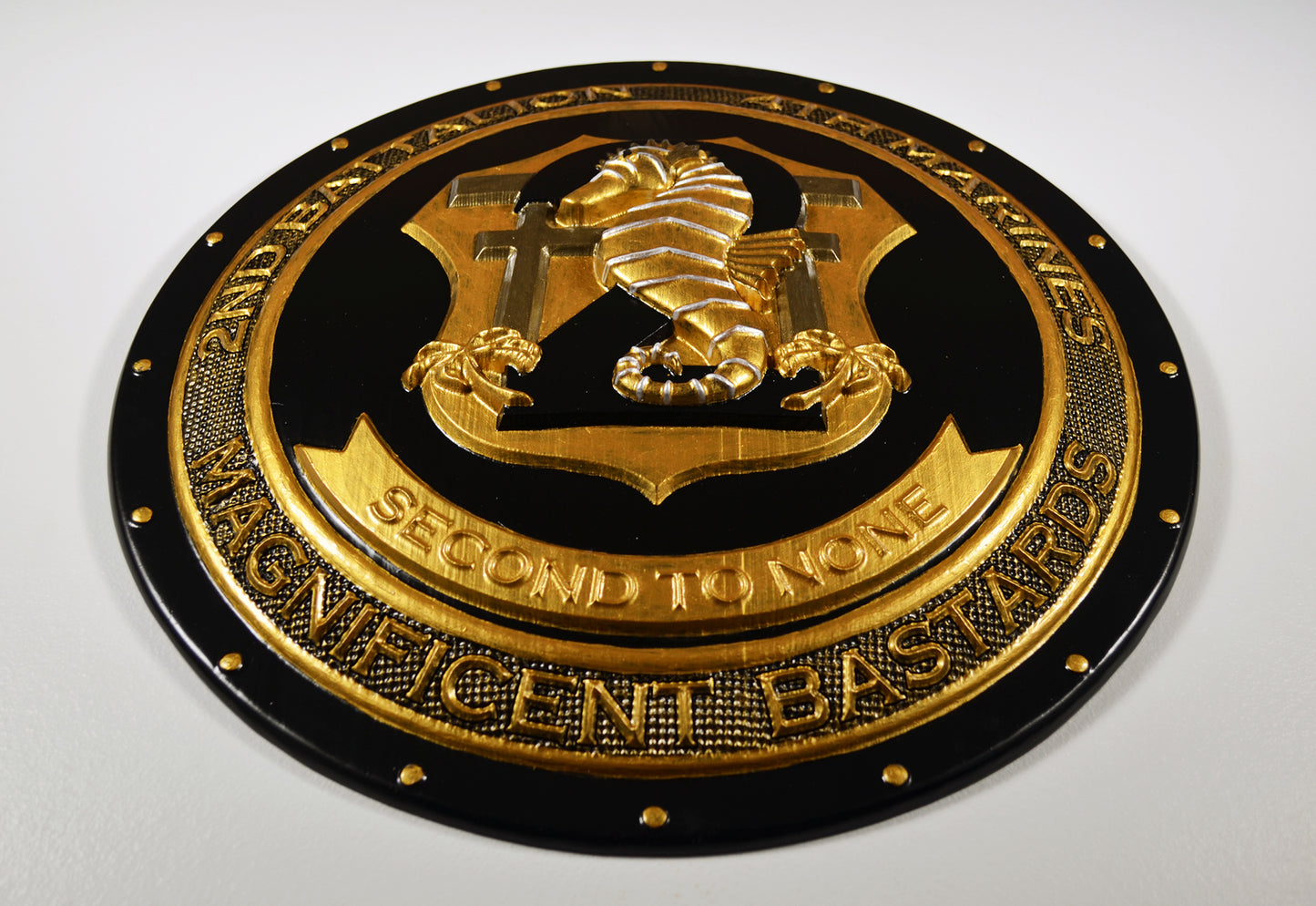 USMC 2nd Battalion, 4th Marines, Unit Emblem, US Marine Corps, Painted Gold Shield, military plaque - Carved Effects